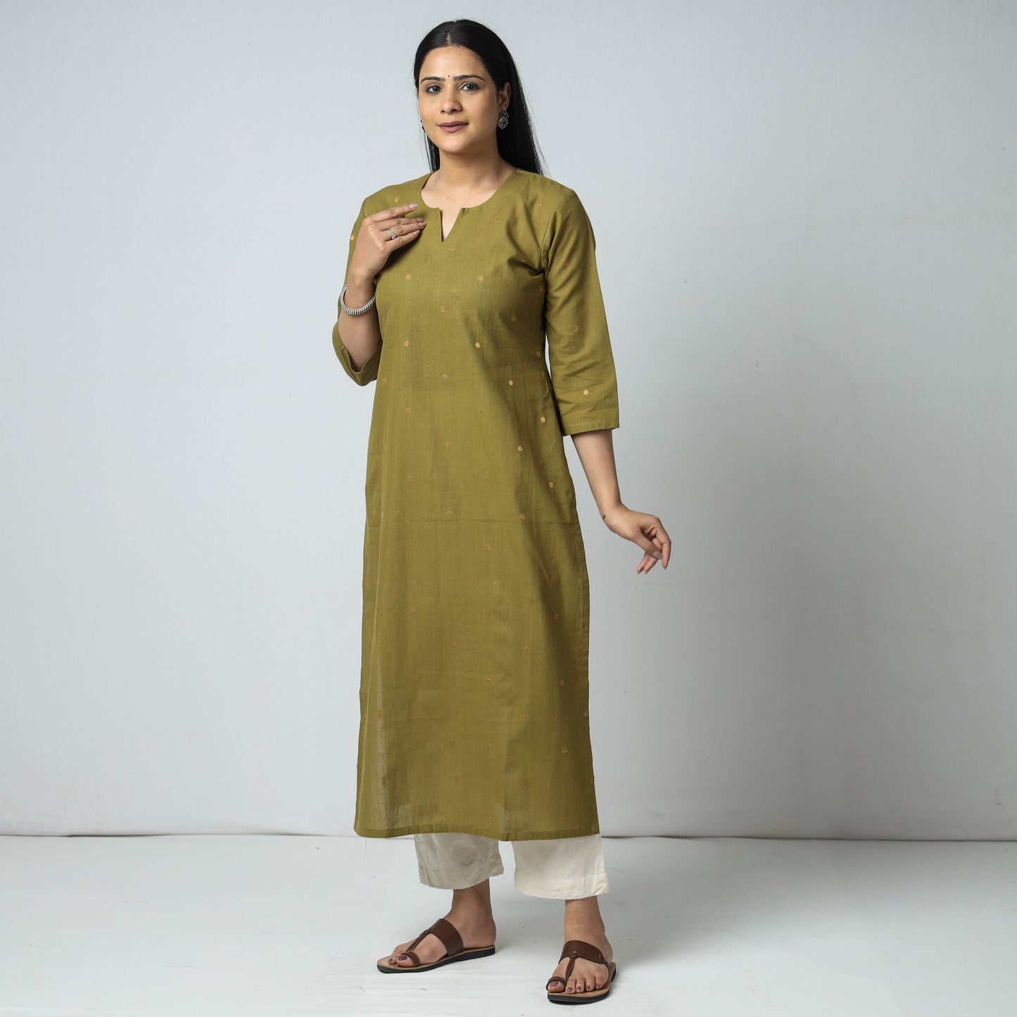 Mehendi Green Jacquard Cotton Long Kurta for Women