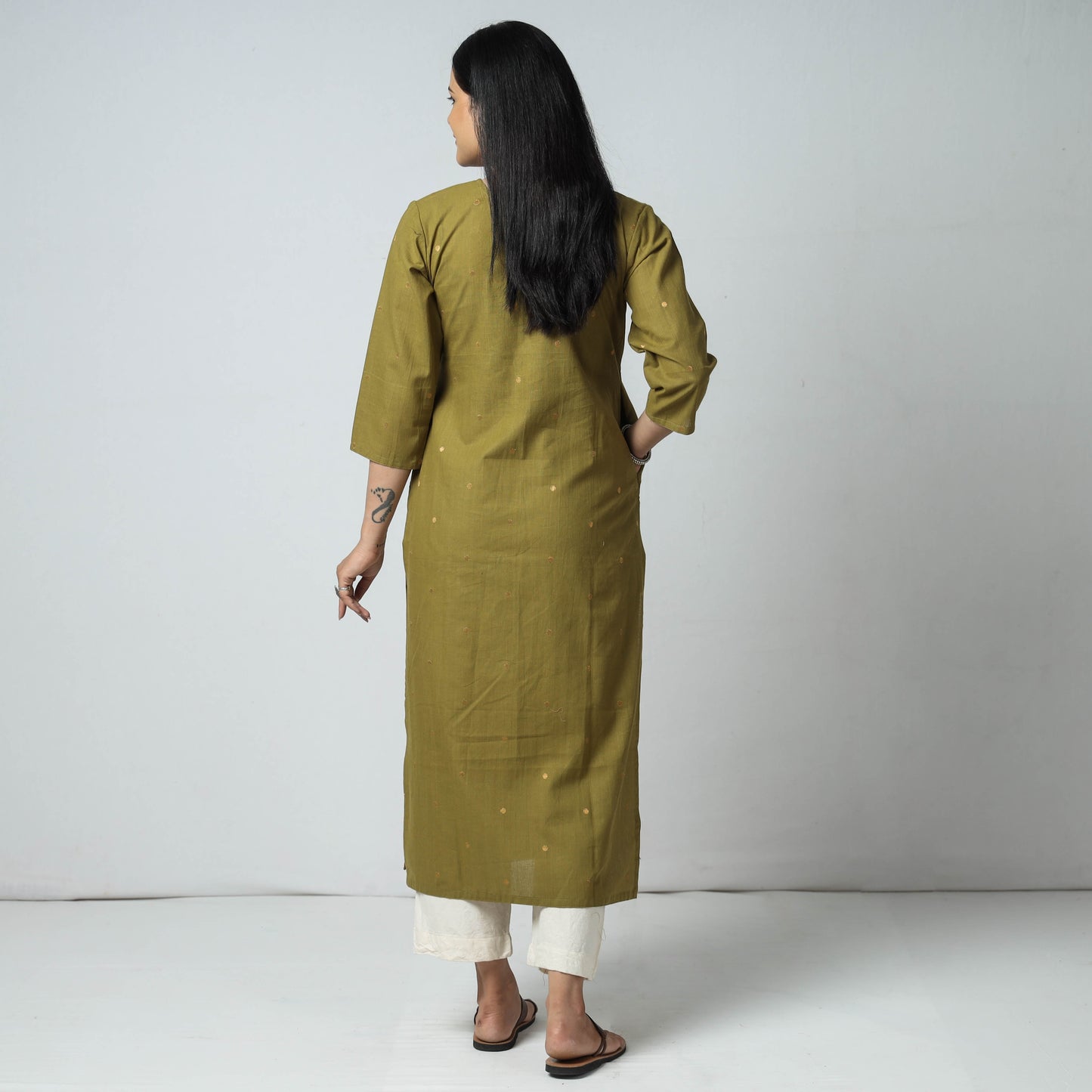 Mehendi Green Jacquard Cotton Long Kurta for Women