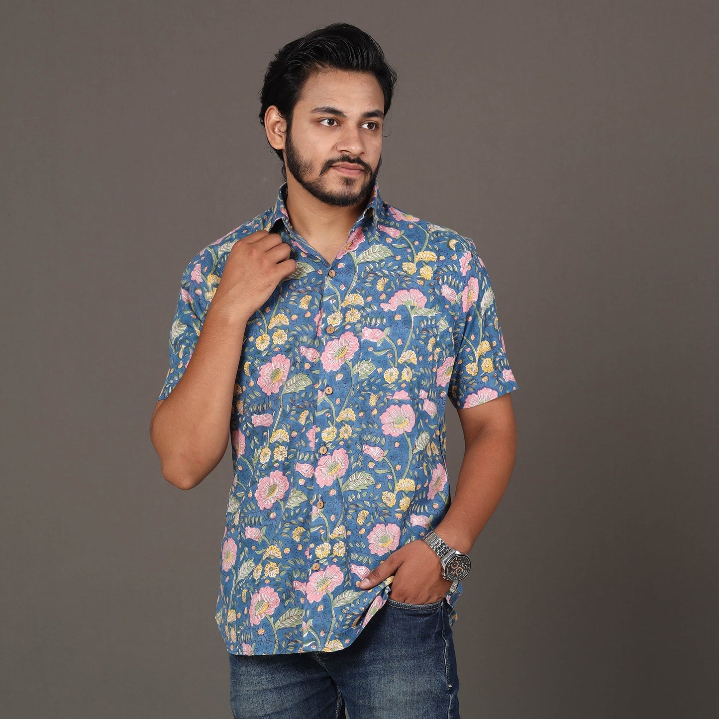 Men Sanganeri Block Printed Cotton Half Sleeve Shirt Online at iTokri.com