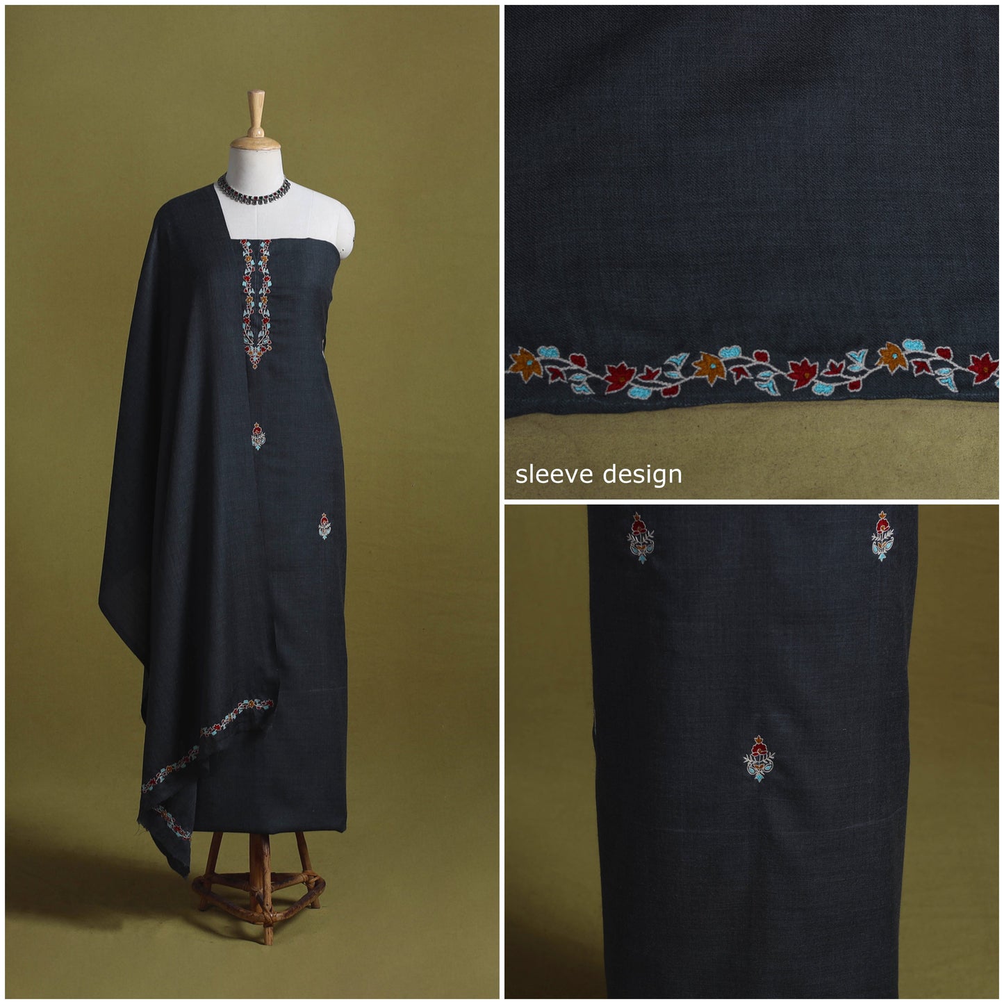 Merino wool hand embroidery 3pc unstitched dress material