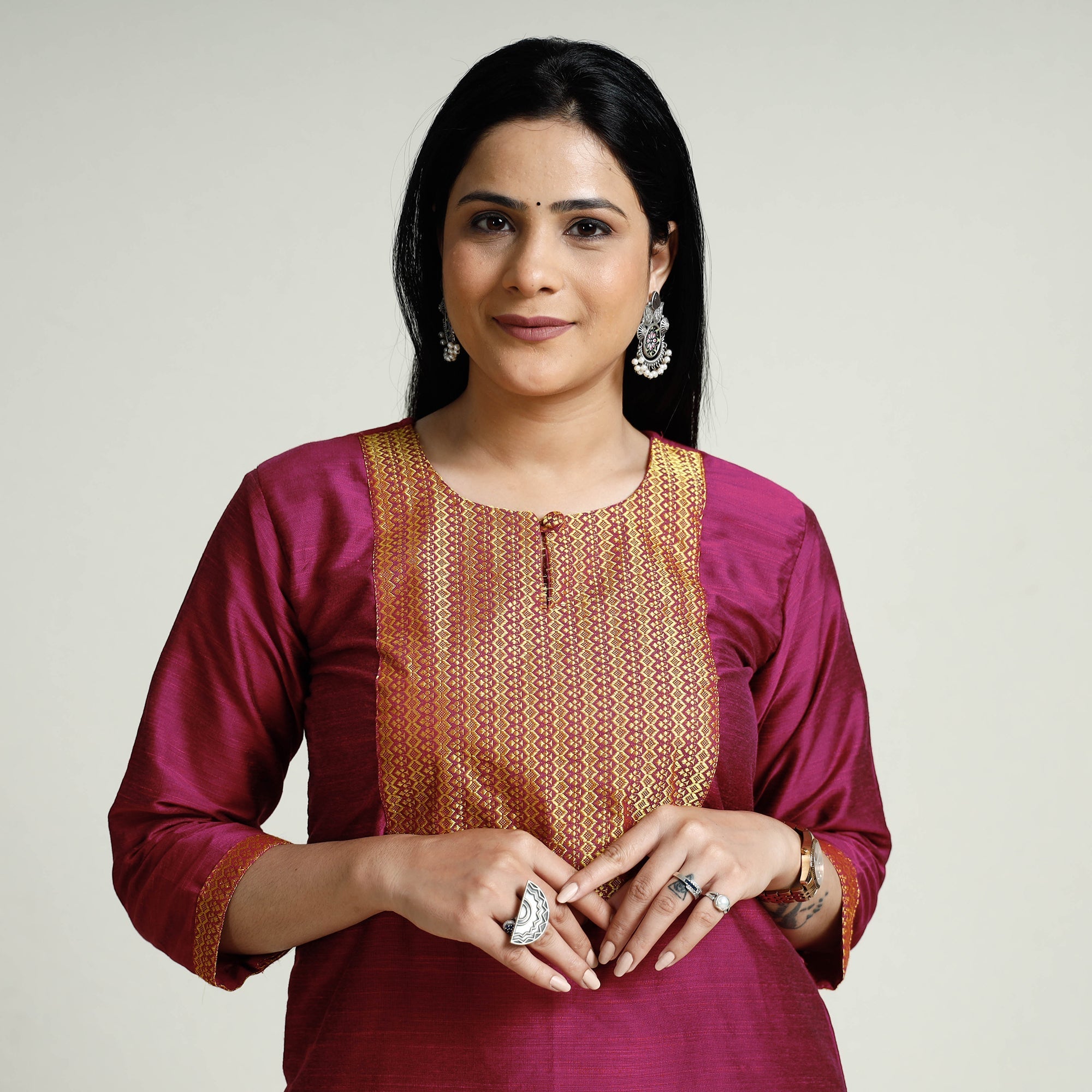 Mexican Pink - Plain Slub Silk Long Straight Kurta