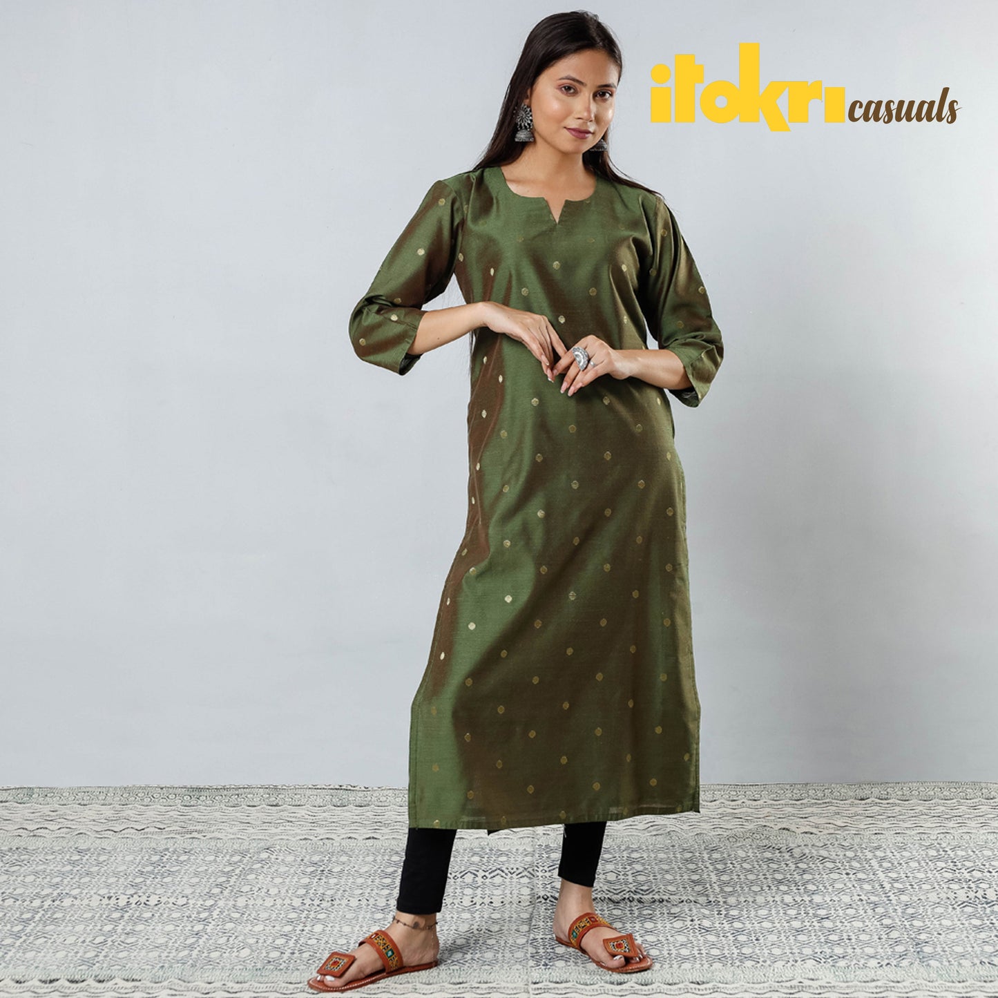 Polka Zari Butta Spun Dupion Silk Long Kurta for Women