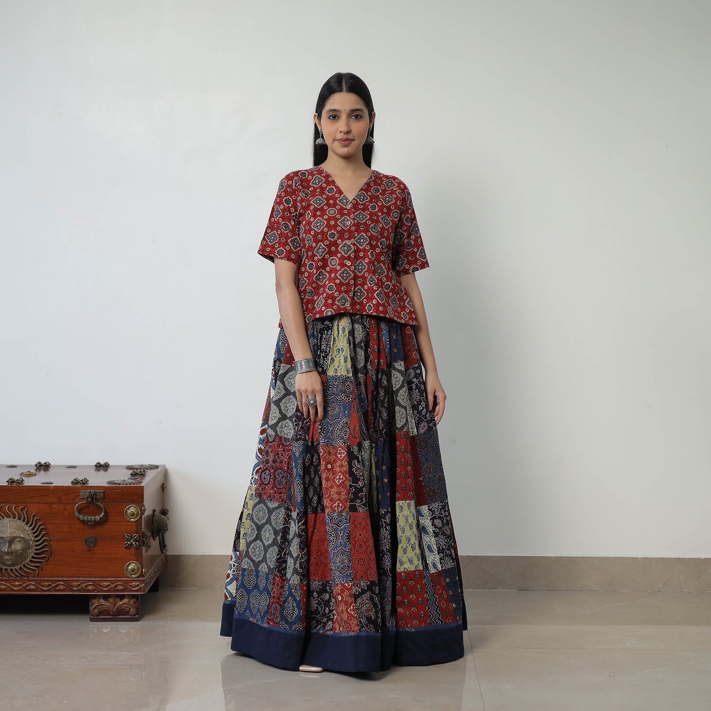 Multicolor - 24 Kali Patchwork Block Printed Cotton Ajrakh Skirt 47