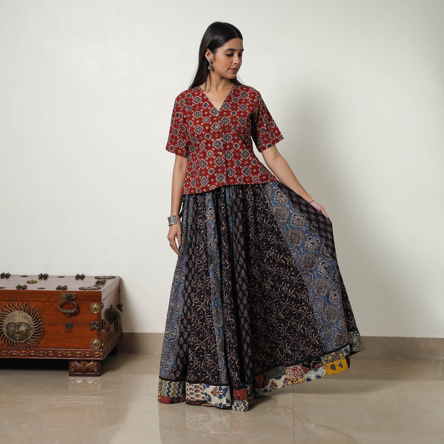 Multicolor 24 Kali Patchwork Block Printed Cotton Ajrakh Skirt