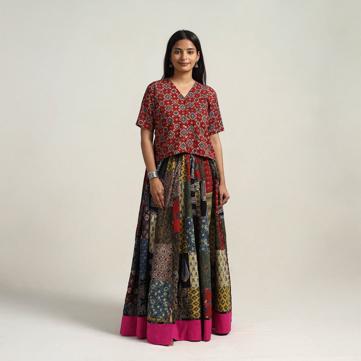 24 Kali Multicolor Patchwork Block Print Cotton Ajrakh Skirt