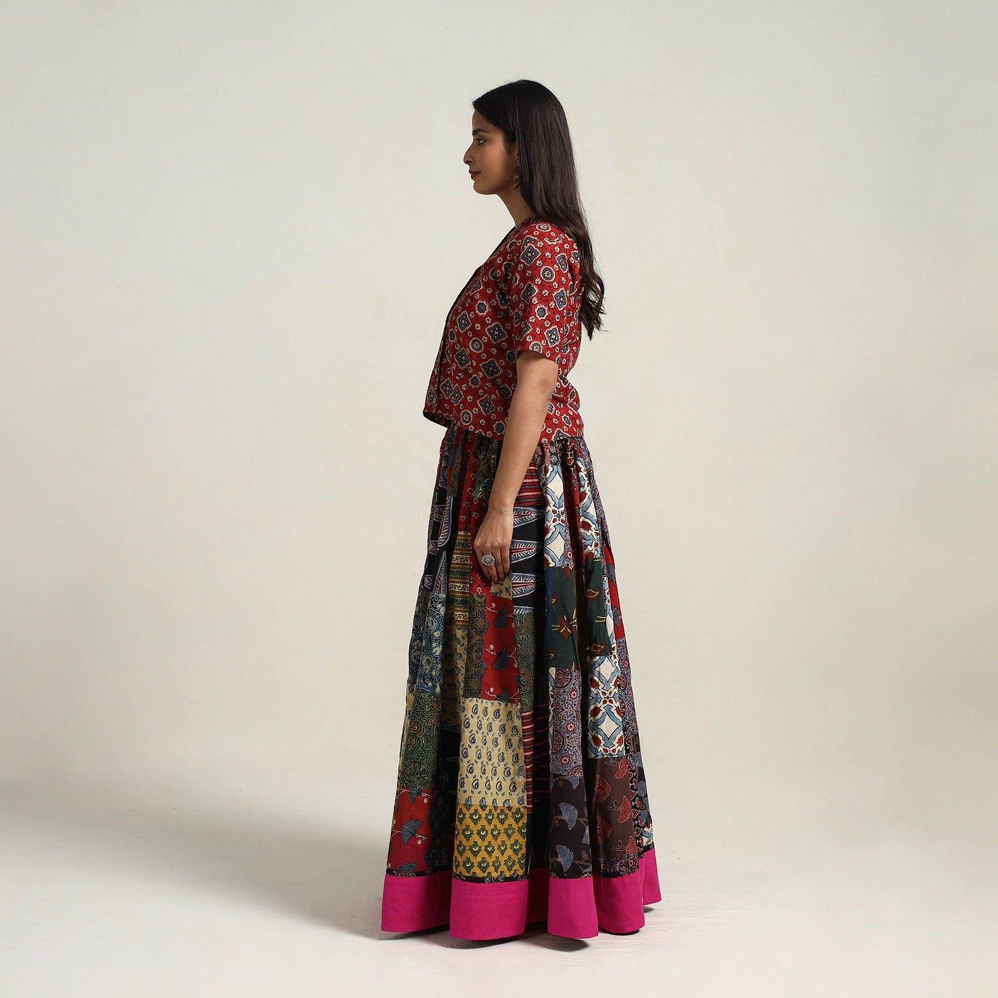 24 Kali Multicolor Patchwork Block Print Cotton Ajrakh Skirt