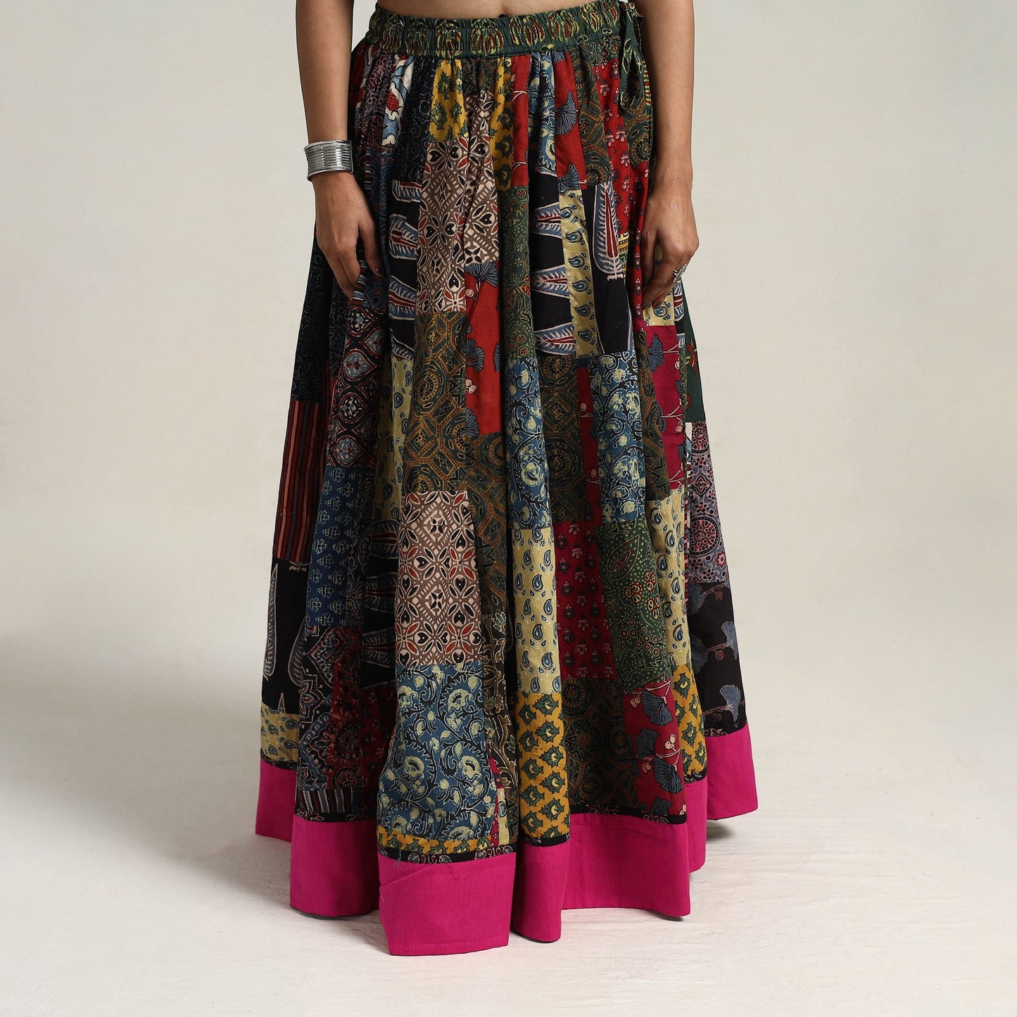 24 Kali Multicolor Patchwork Block Print Cotton Ajrakh Skirt
