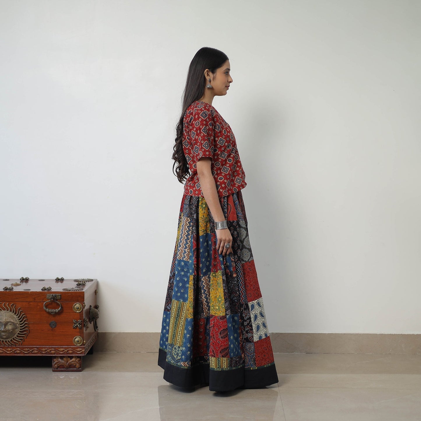 Multicolor - 24 Kali Patchwork Block Printed Cotton Ajrakh Skirt 50