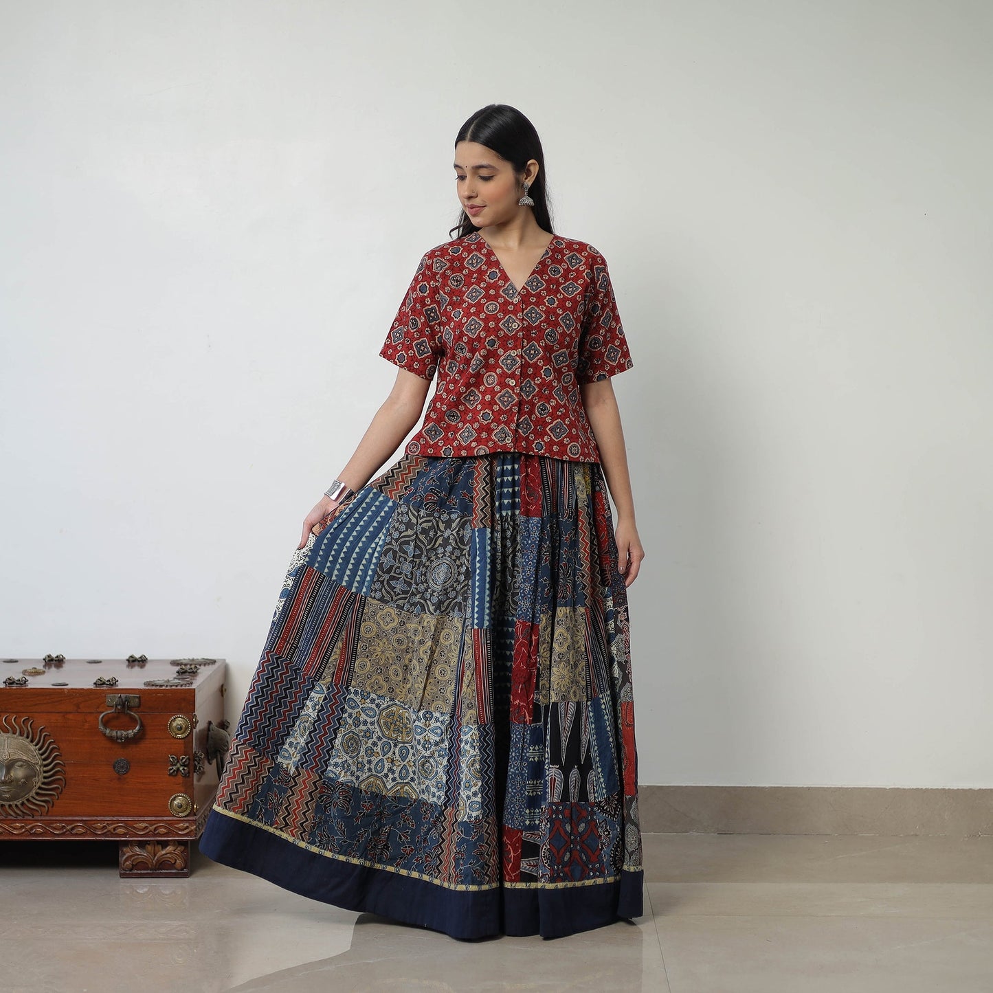 Multicolor - 24 Kali Patchwork Block Printed Cotton Ajrakh Skirt 55