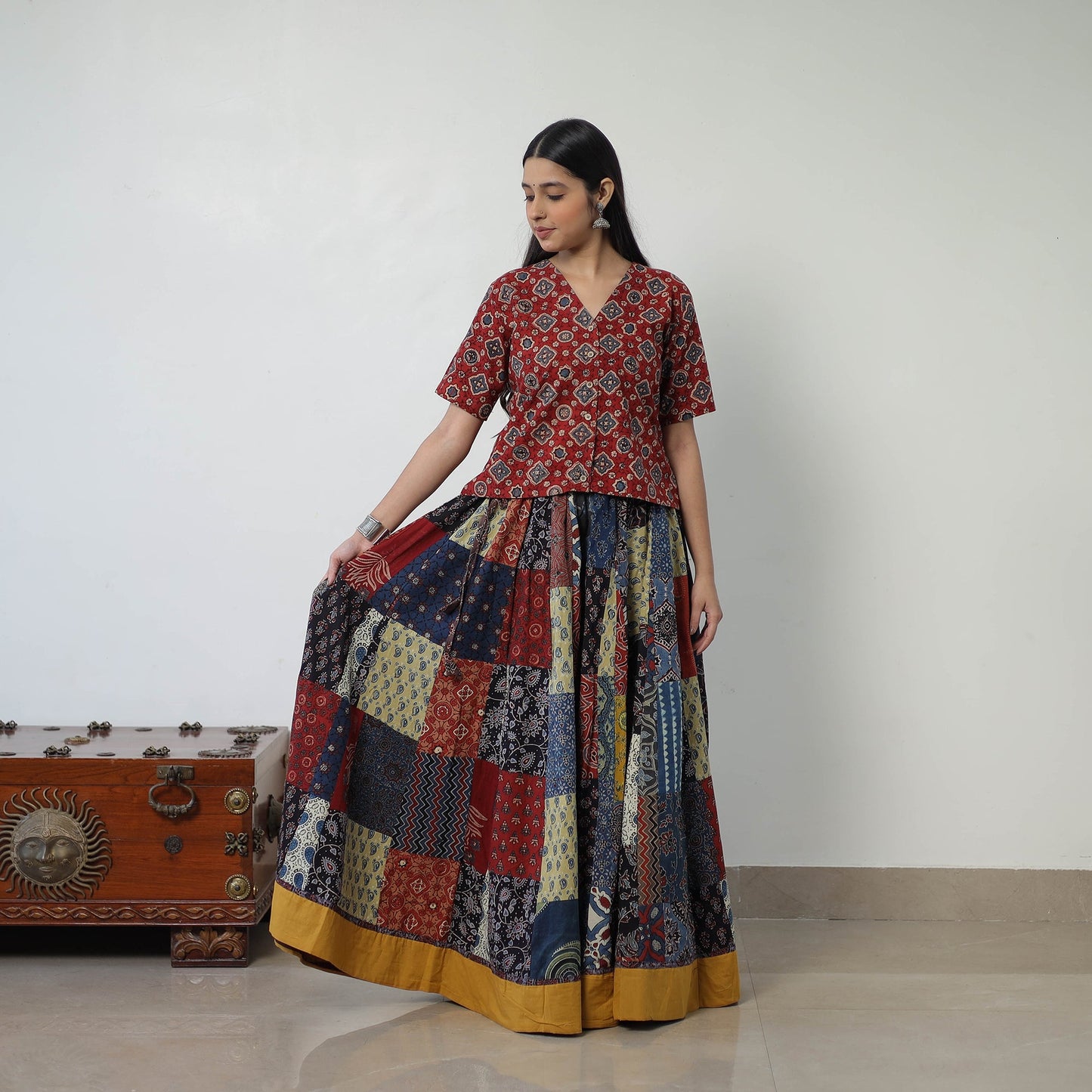 24 Kali Patchwork Block Printed Cotton Ajrakh Skirt