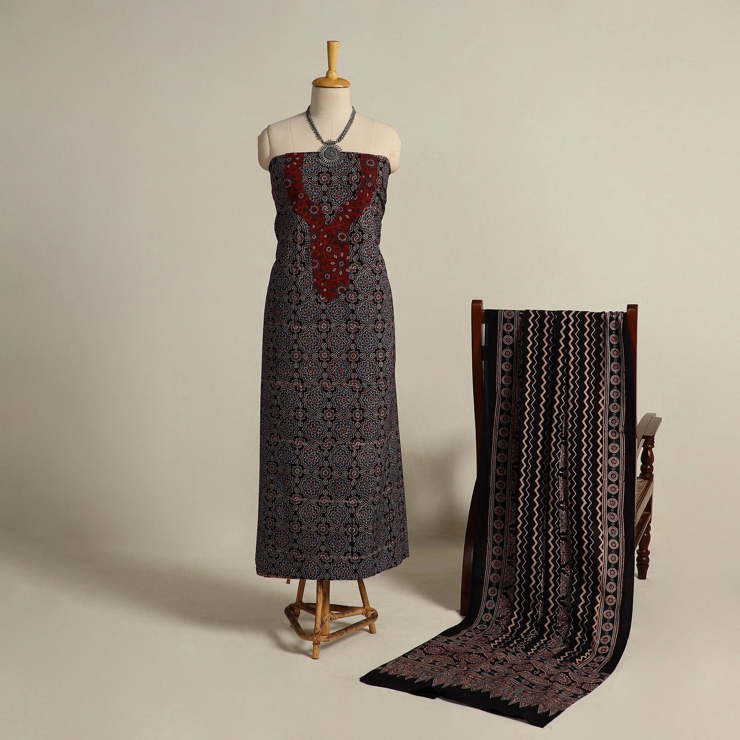 Multicolor 2pc Block Print Natural Dyed Ajrakh Dress Material