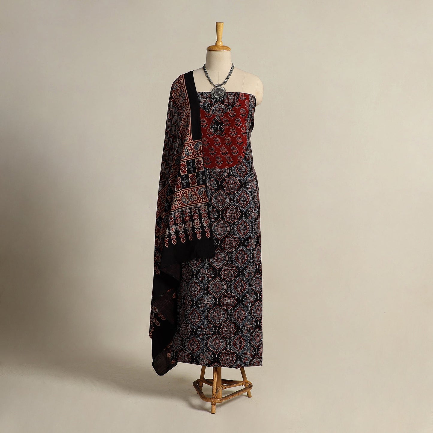 Buy Multicolor 2pc Block Print Natural Dyed Ajrakh Dress Material