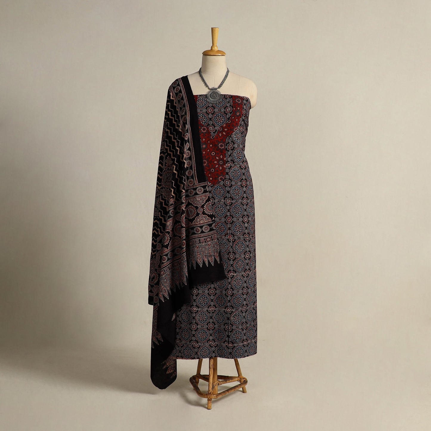 Multicolor 2pc Block Print Natural Dyed Ajrakh Dress Material