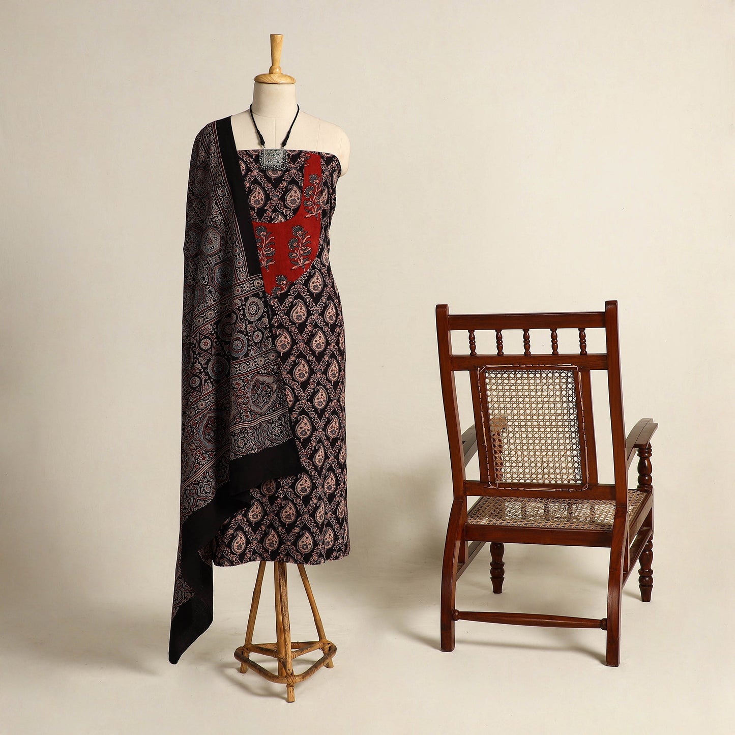 Multicolor 2pc Block Print Natural Dyed Ajrakh Dress Material