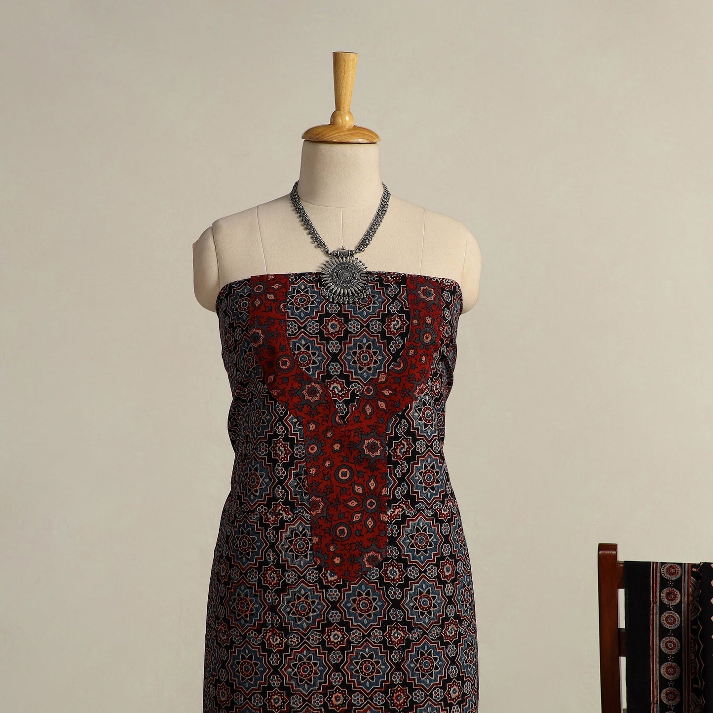 Multicolor 2pc Block Print Natural Dyed Ajrakh Dress Material