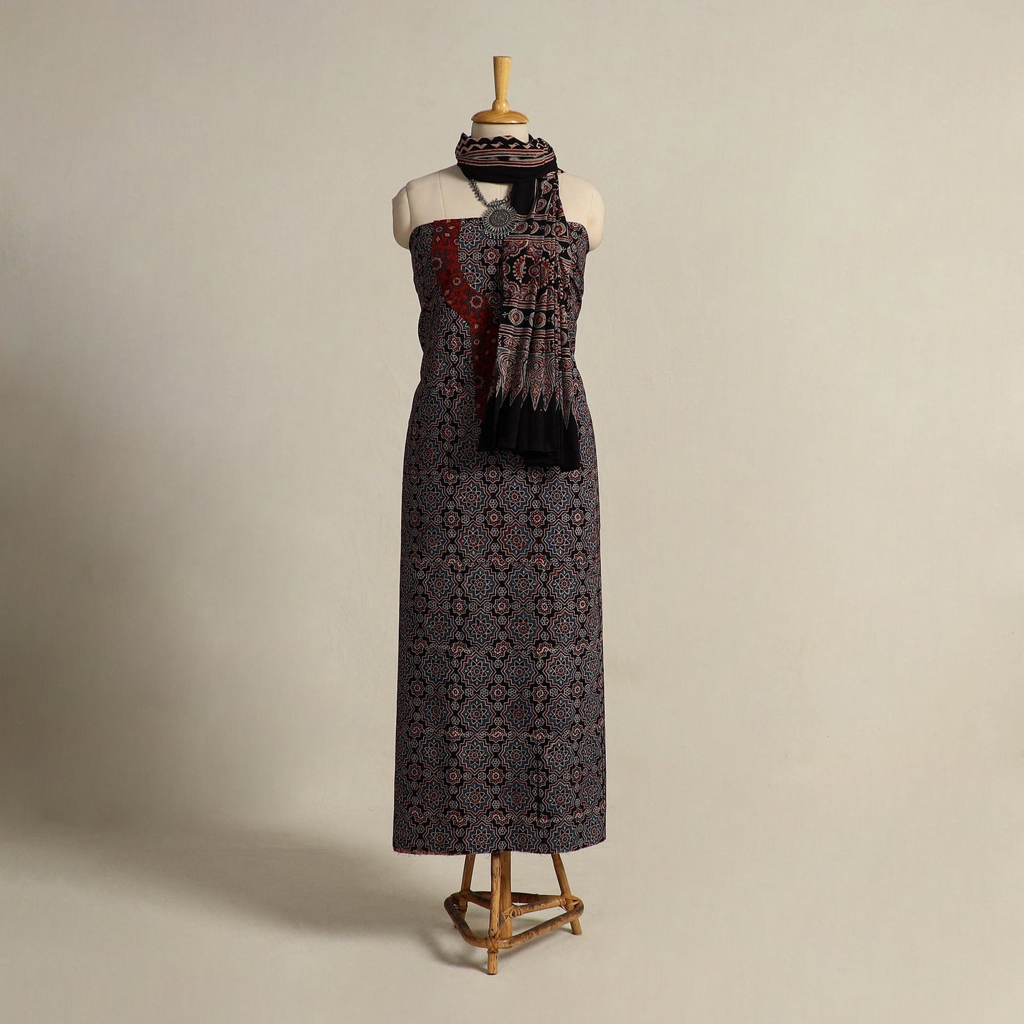 Multicolor 2pc Block Print Natural Dyed Ajrakh Dress Material