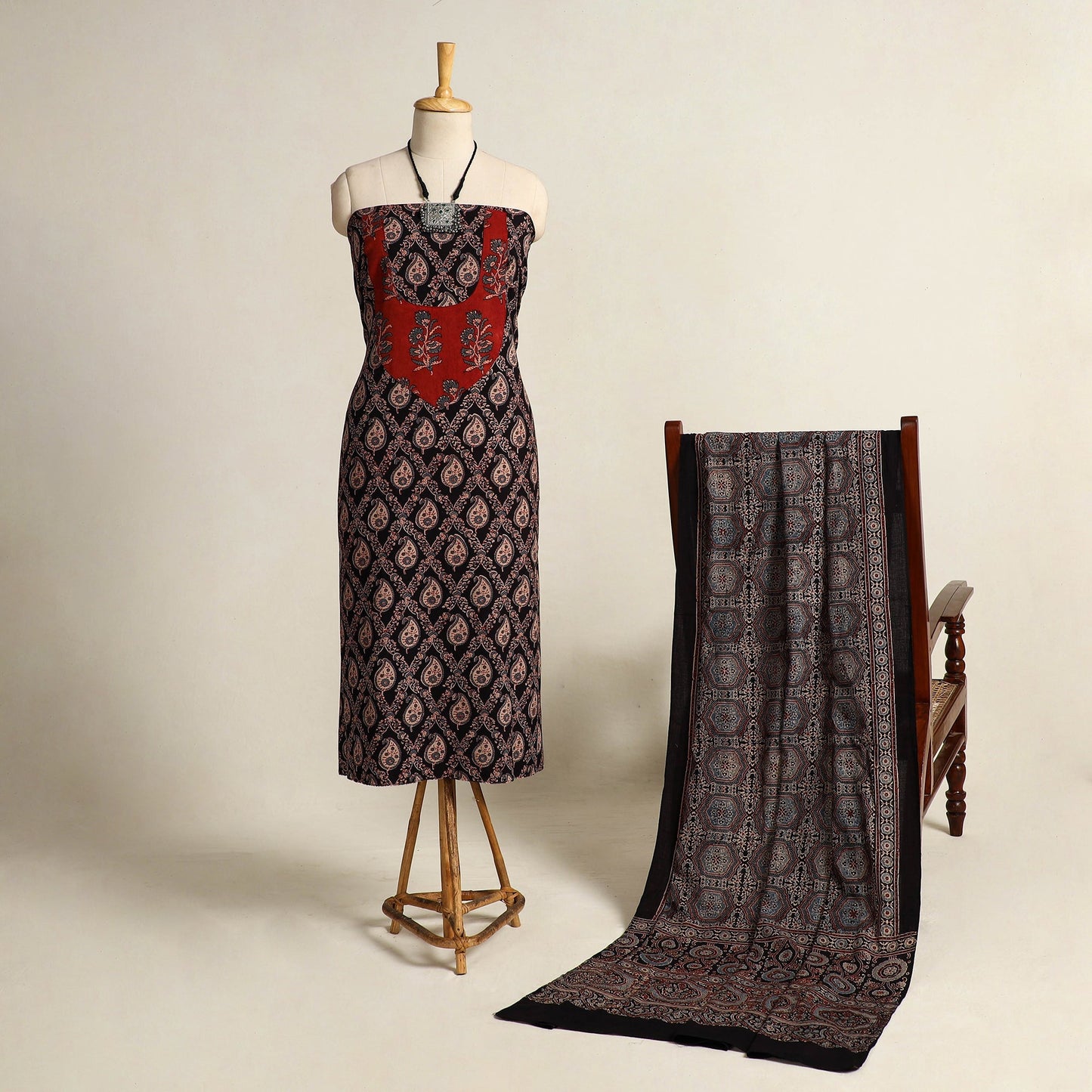 Multicolor 2pc Block Print Natural Dyed Ajrakh Dress Material