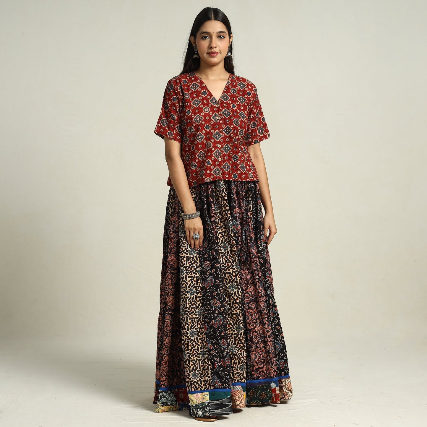 Ajrakh Block Printed 24 Kali Patchwork Cotton Long Skirt 40
