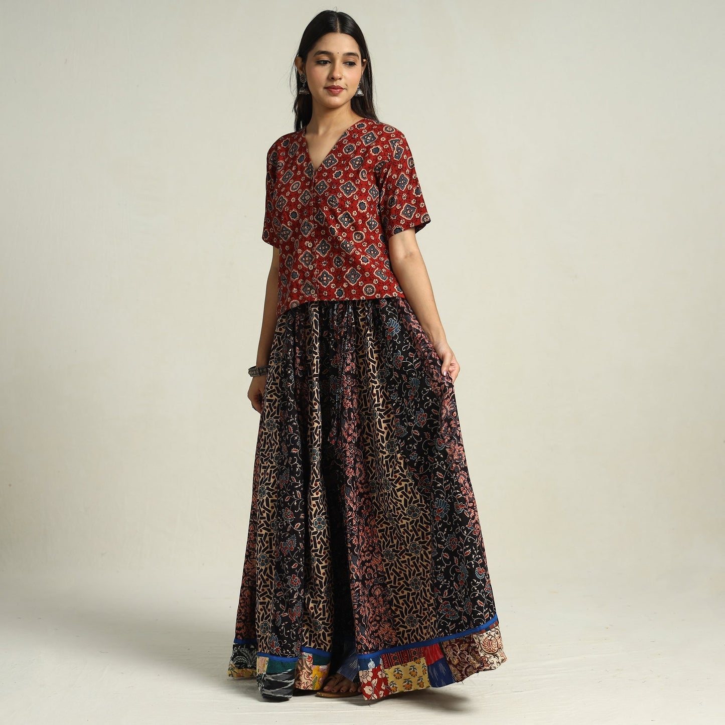 Ajrakh Block Printed 24 Kali Patchwork Cotton Long Skirt 40