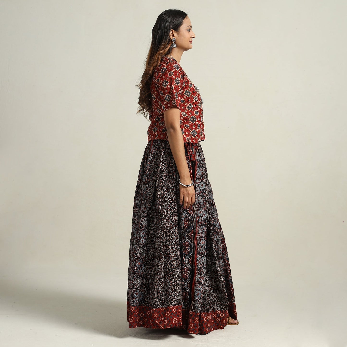 Ajrakh Block Printed 24 Kali Patchwork Cotton Long Skirt 17