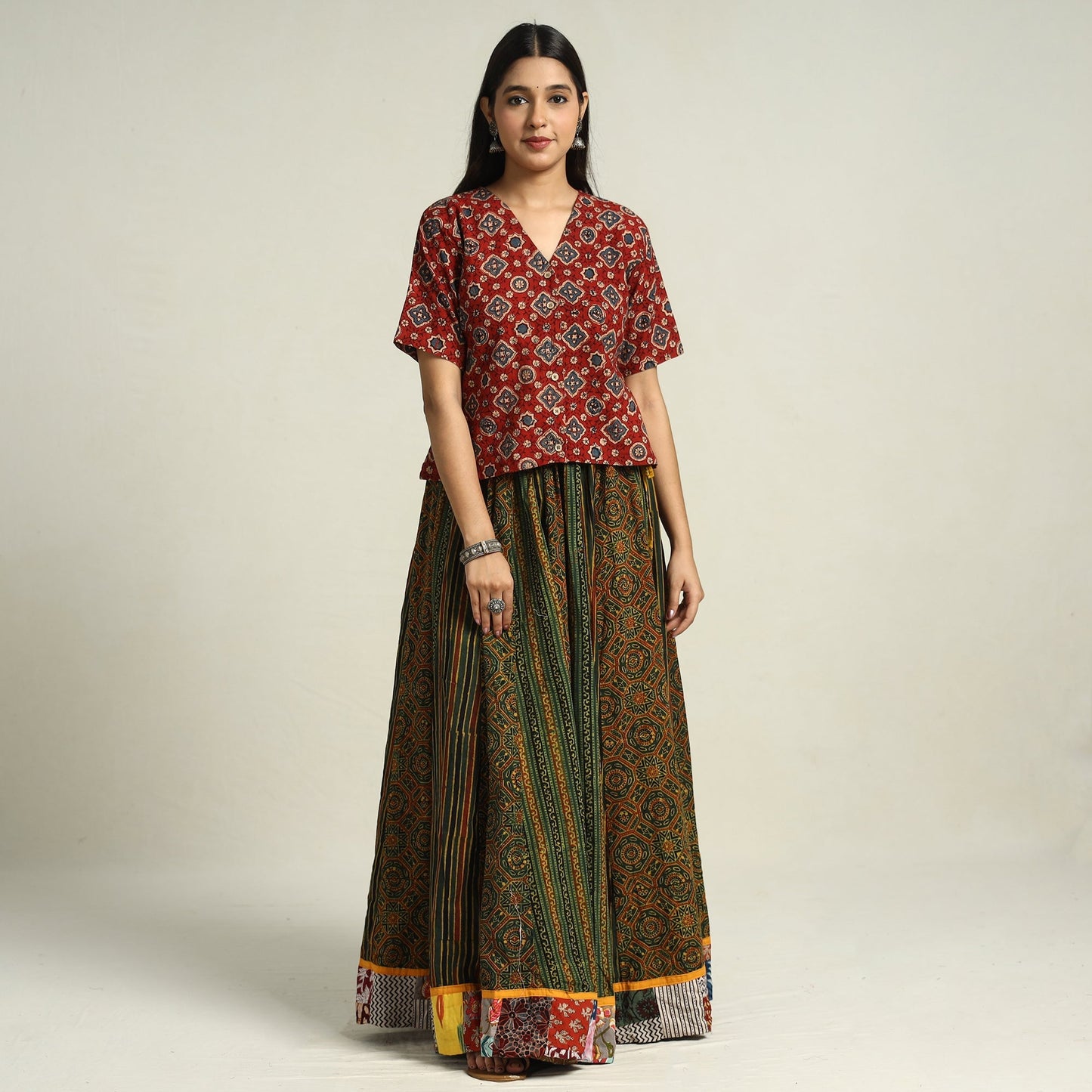 Ajrakh Block Printed 24 Kali Patchwork Cotton Long Skirt 24