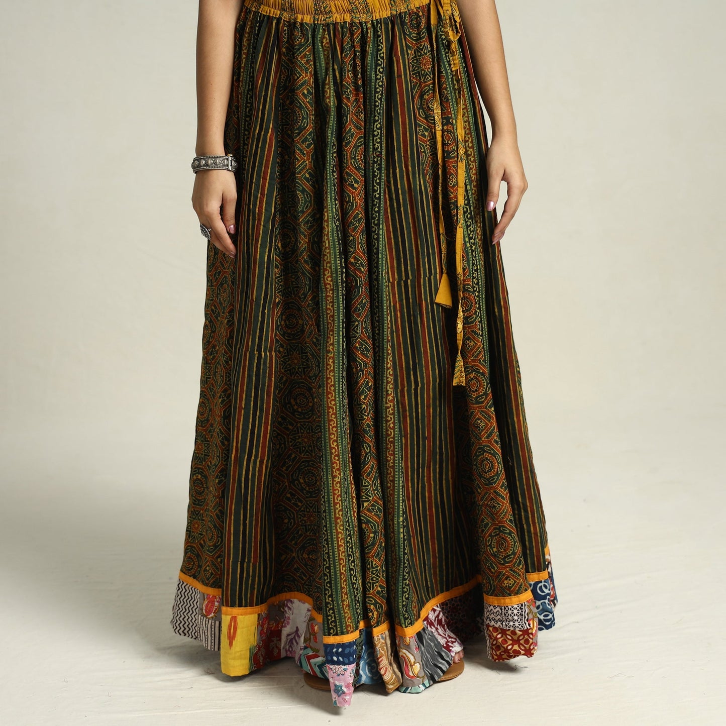 Ajrakh Block Printed 24 Kali Patchwork Cotton Long Skirt 24