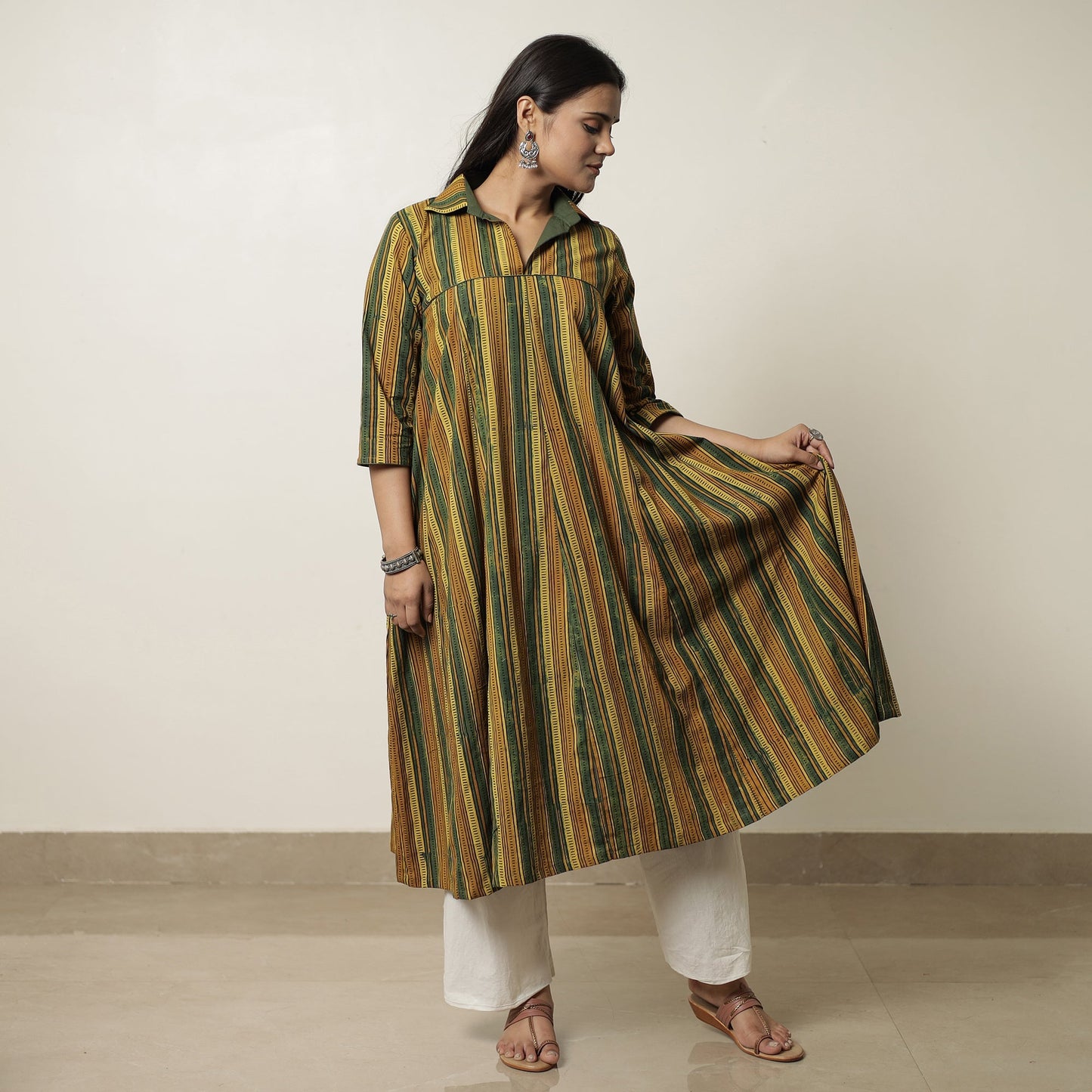Ajrakh Block Printed Cotton Flared Kurta for Women