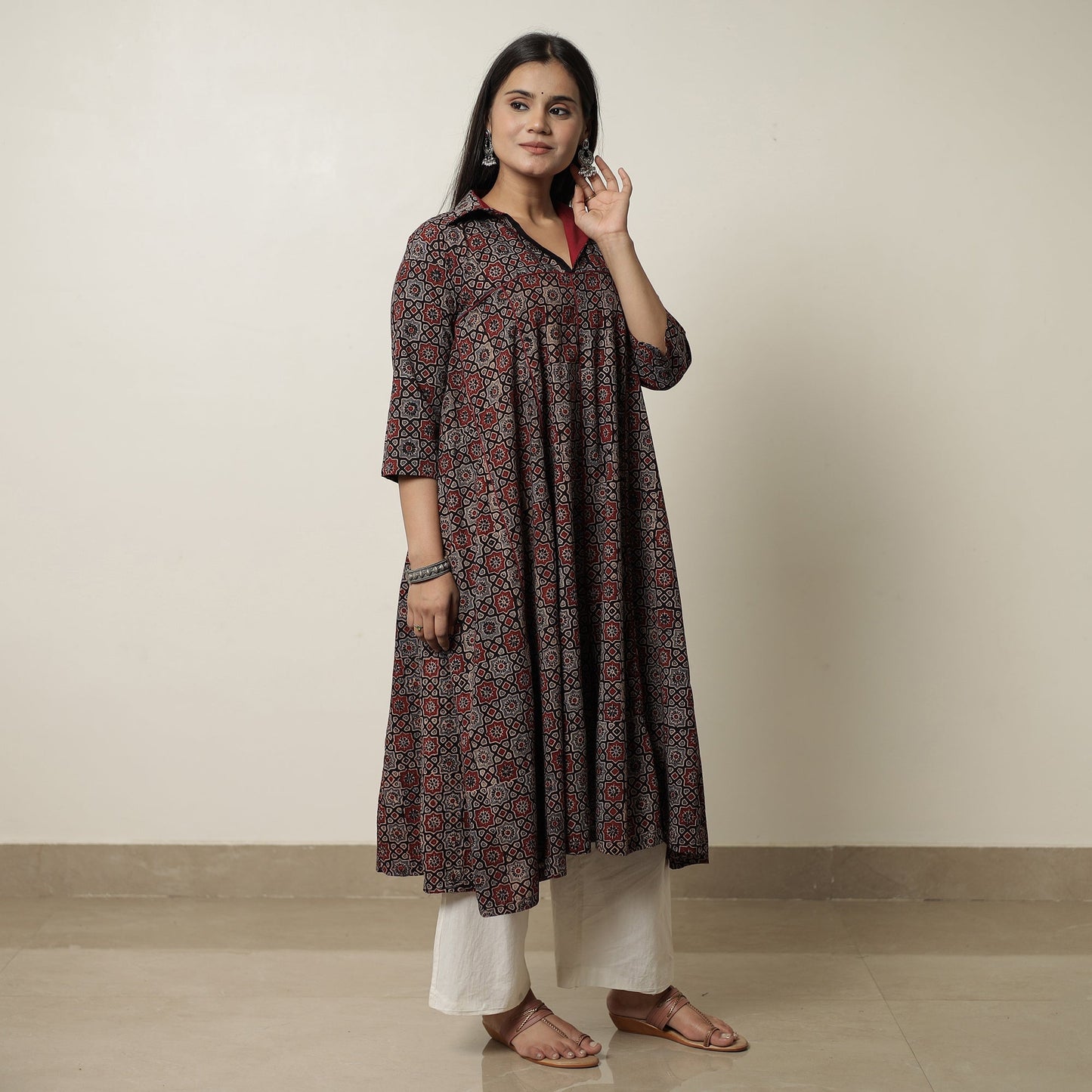 Ajrakh Block Printed Cotton Flared Kurta for Women
