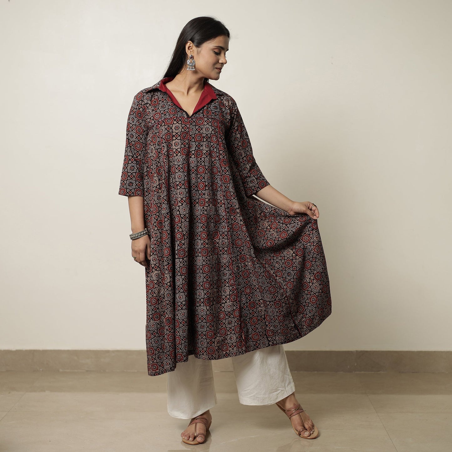 Ajrakh Block Printed Cotton Flared Kurta for Women