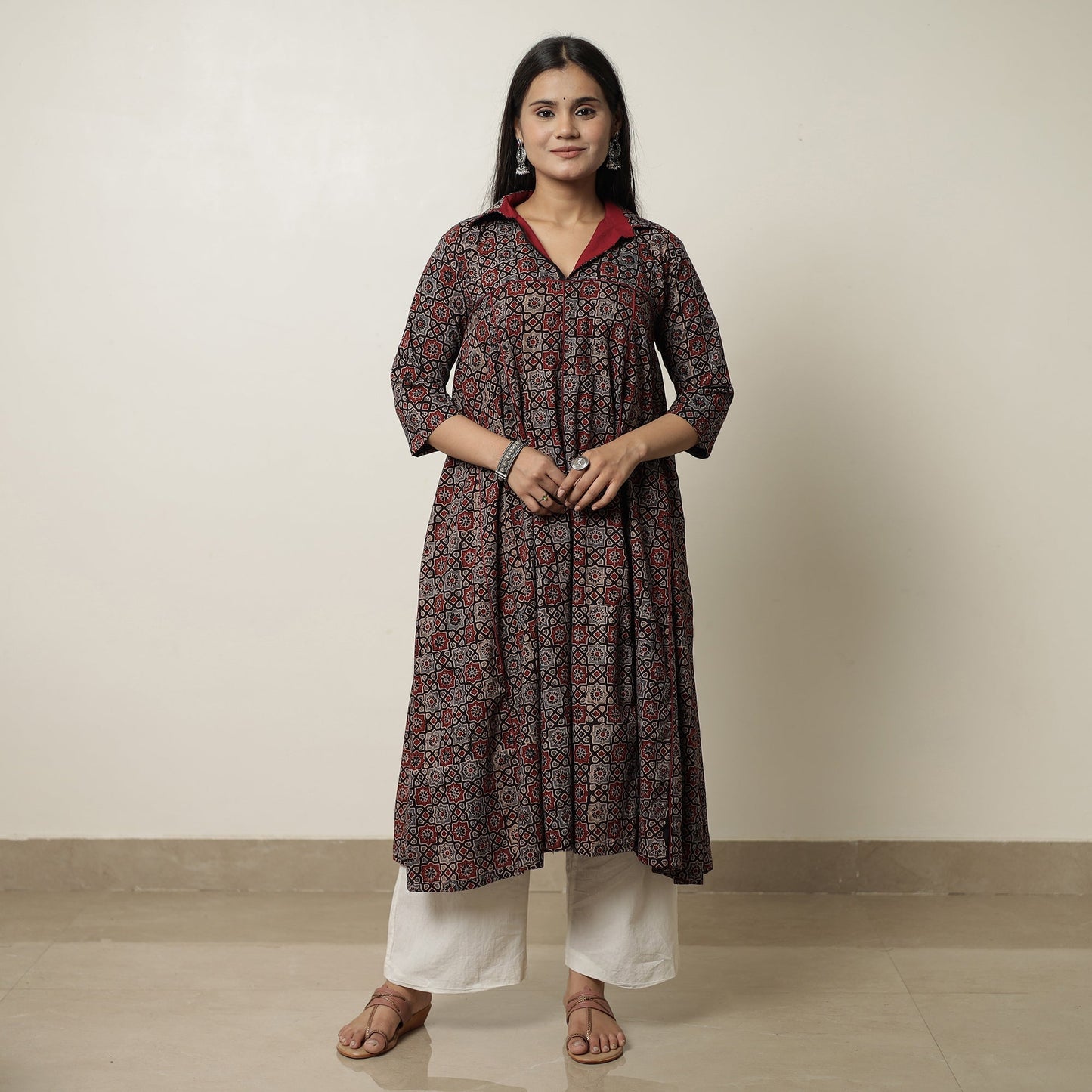 Ajrakh Block Printed Cotton Flared Kurta for Women