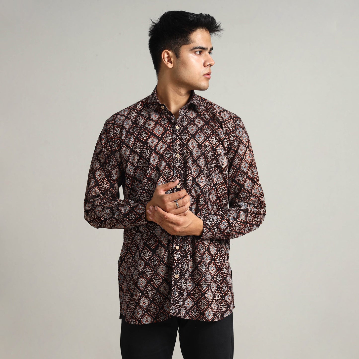 Ajrakh Block Printed Cotton Men Full Sleeve Shirt 14