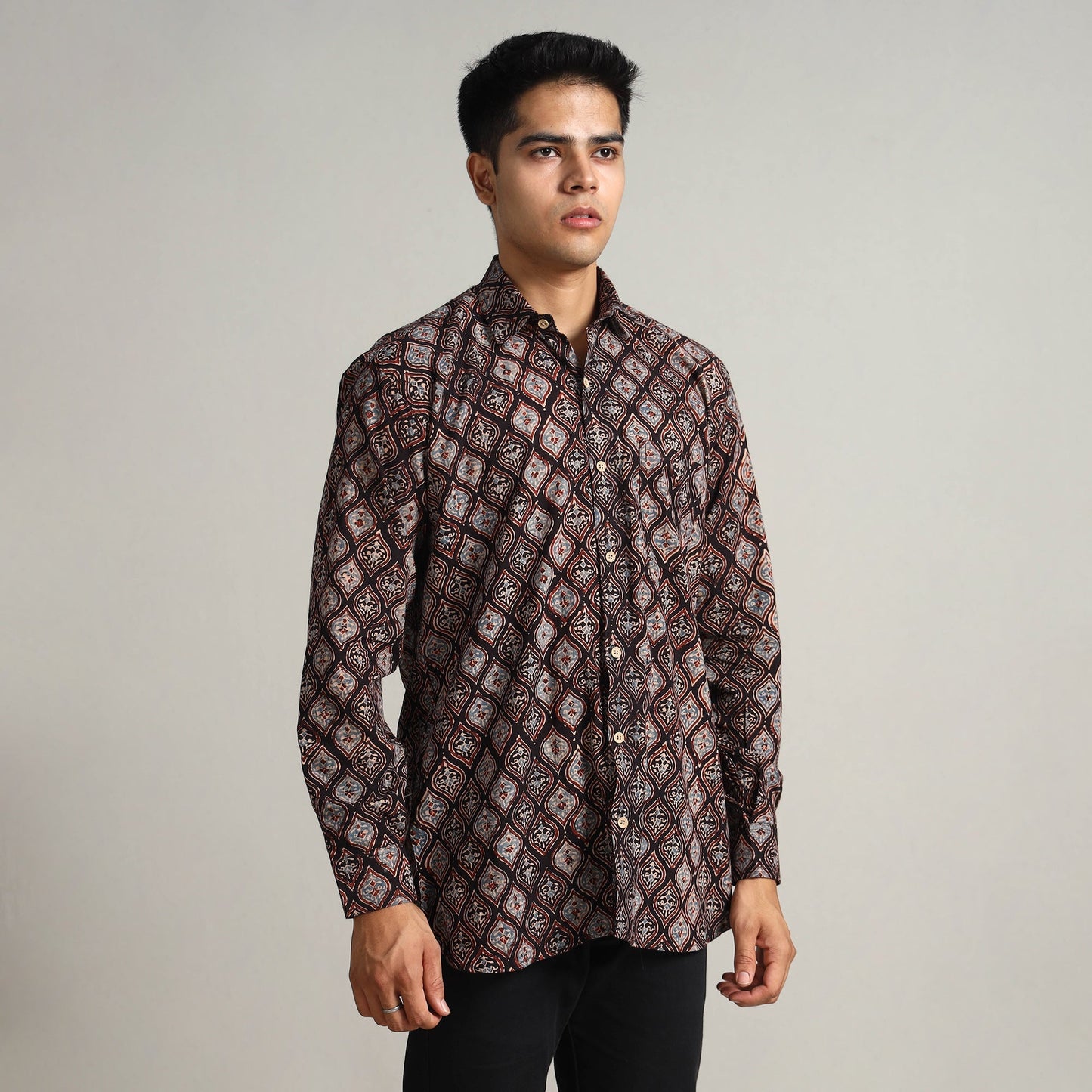 Ajrakh Block Printed Cotton Men Full Sleeve Shirt 14