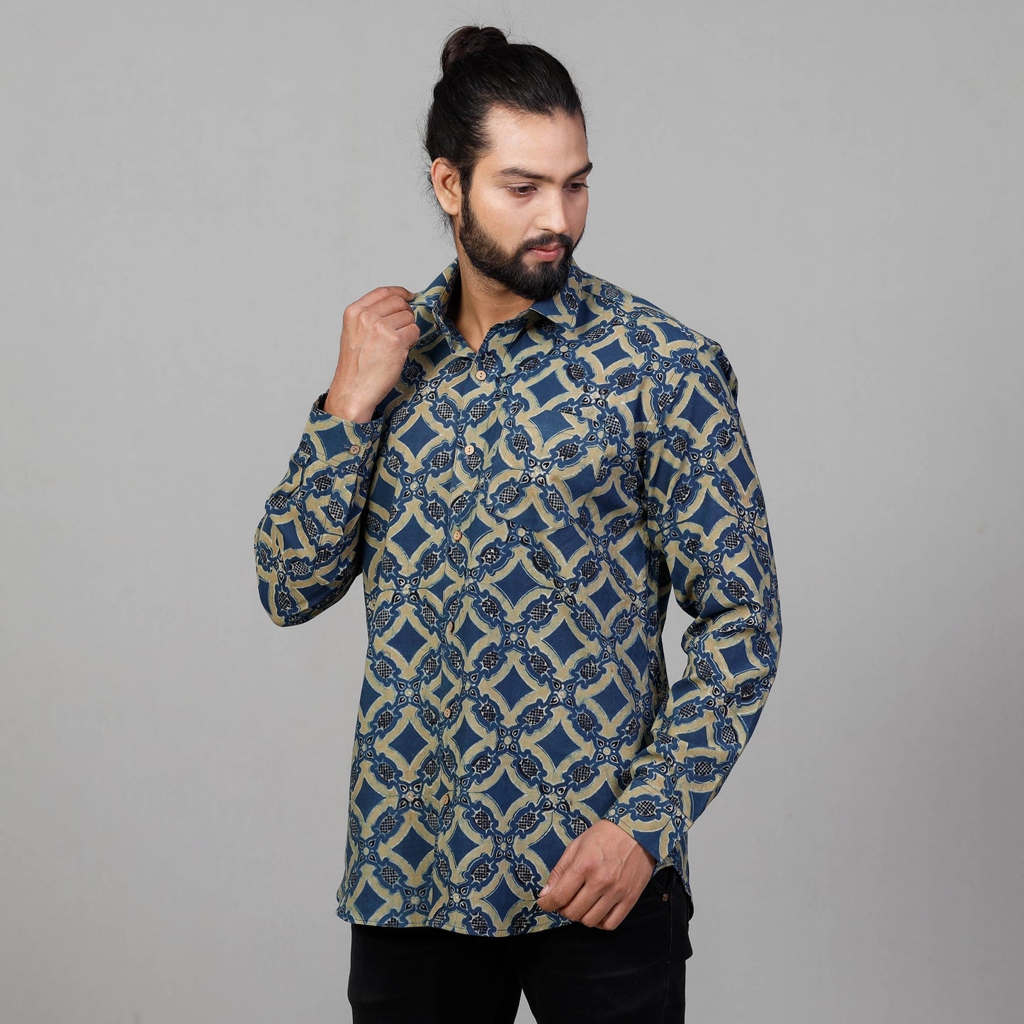 Ajrakh Block Printed Cotton Men Full Sleeve Shirt