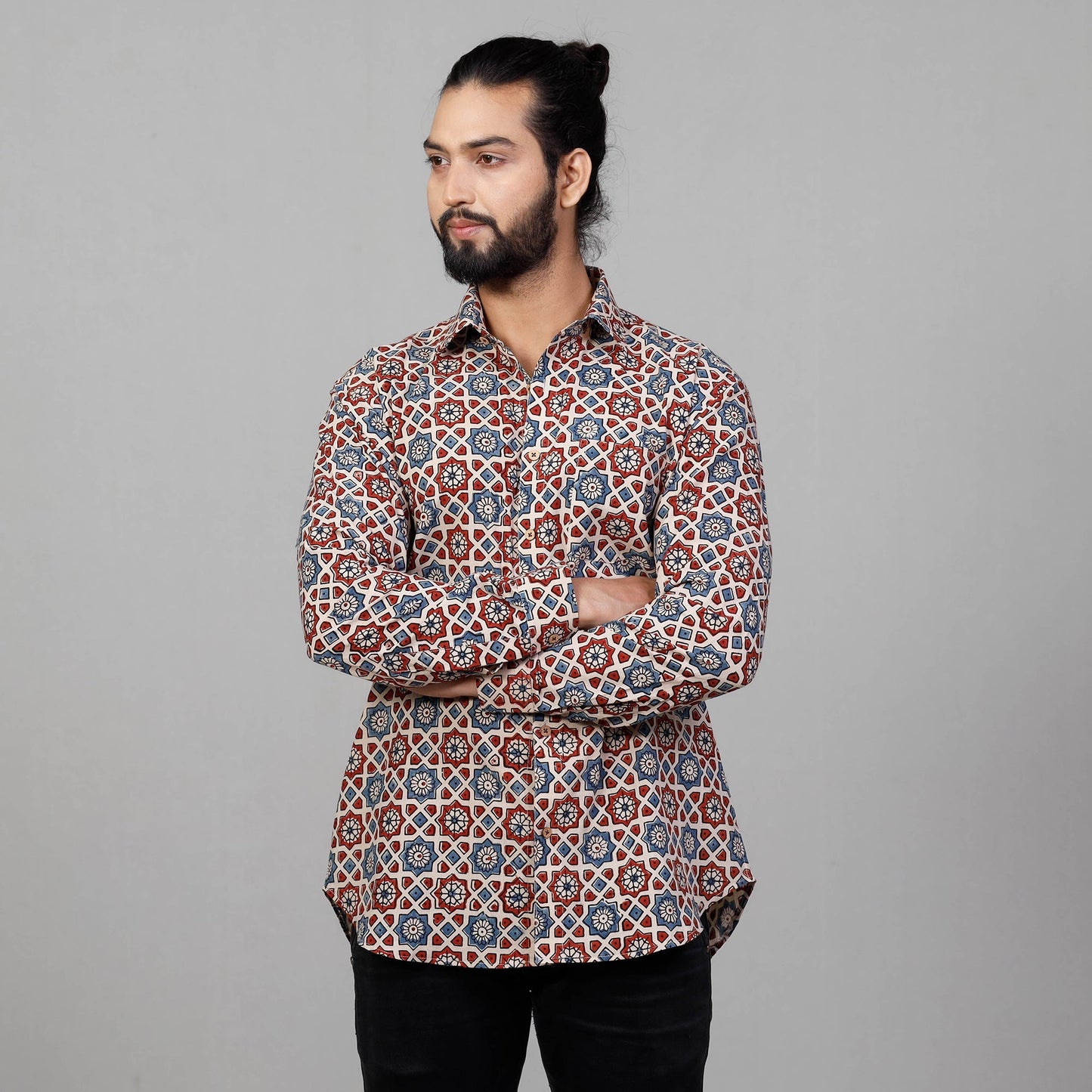 Ajrakh Block Printing Cotton Men Full Sleeve Shirt