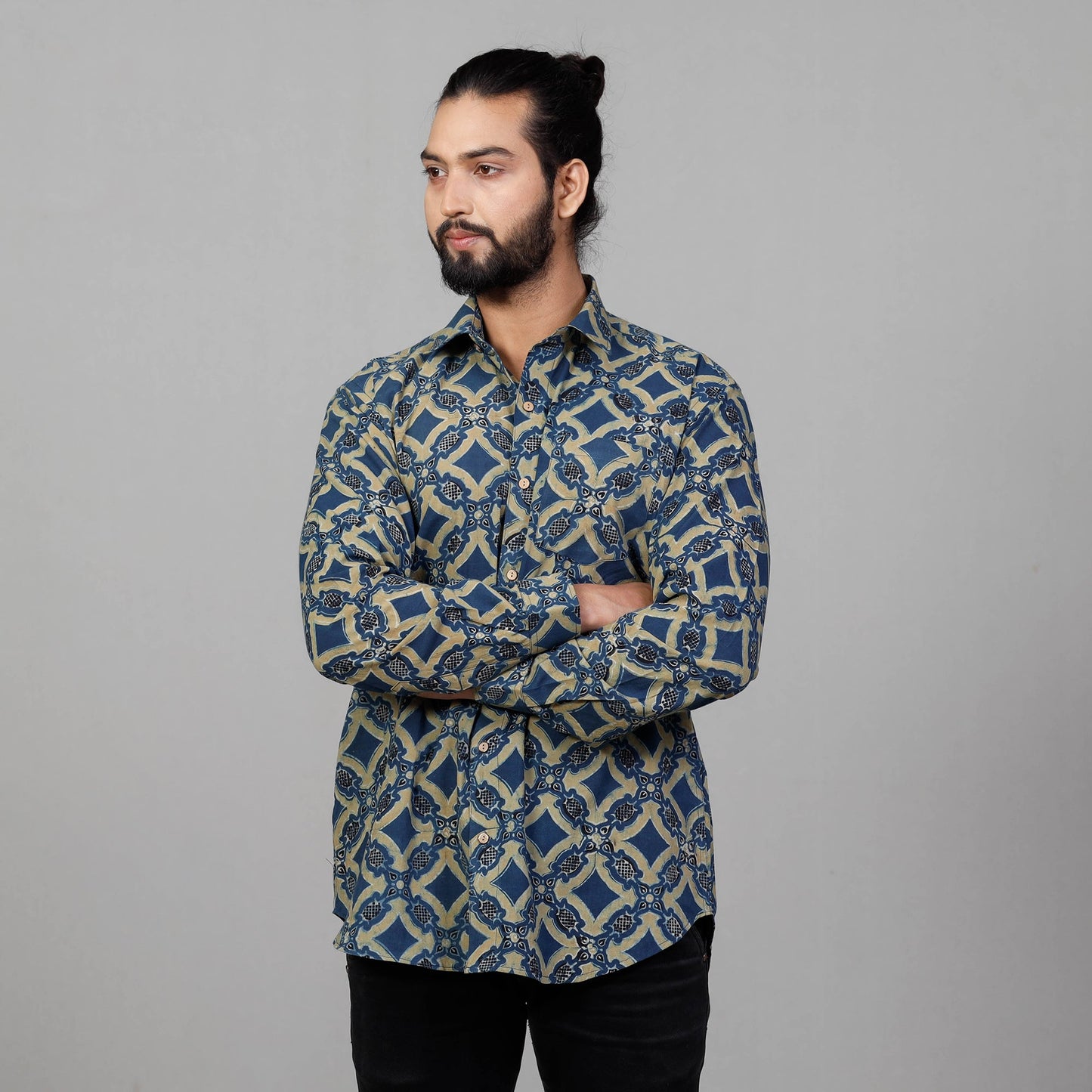 Ajrakh Block Printed Cotton Men Full Sleeve Shirt