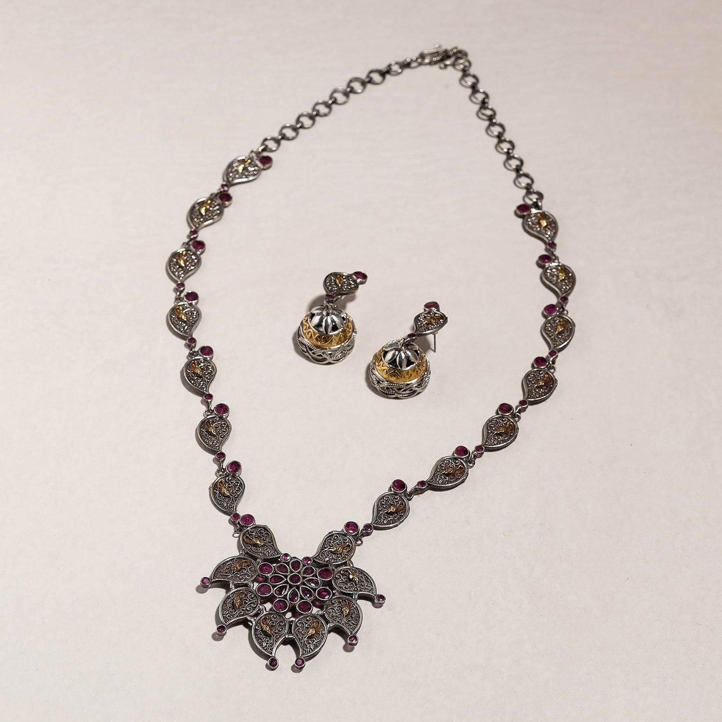 Antique Dual Tone Oxidised Brass Base Stone Necklace Set