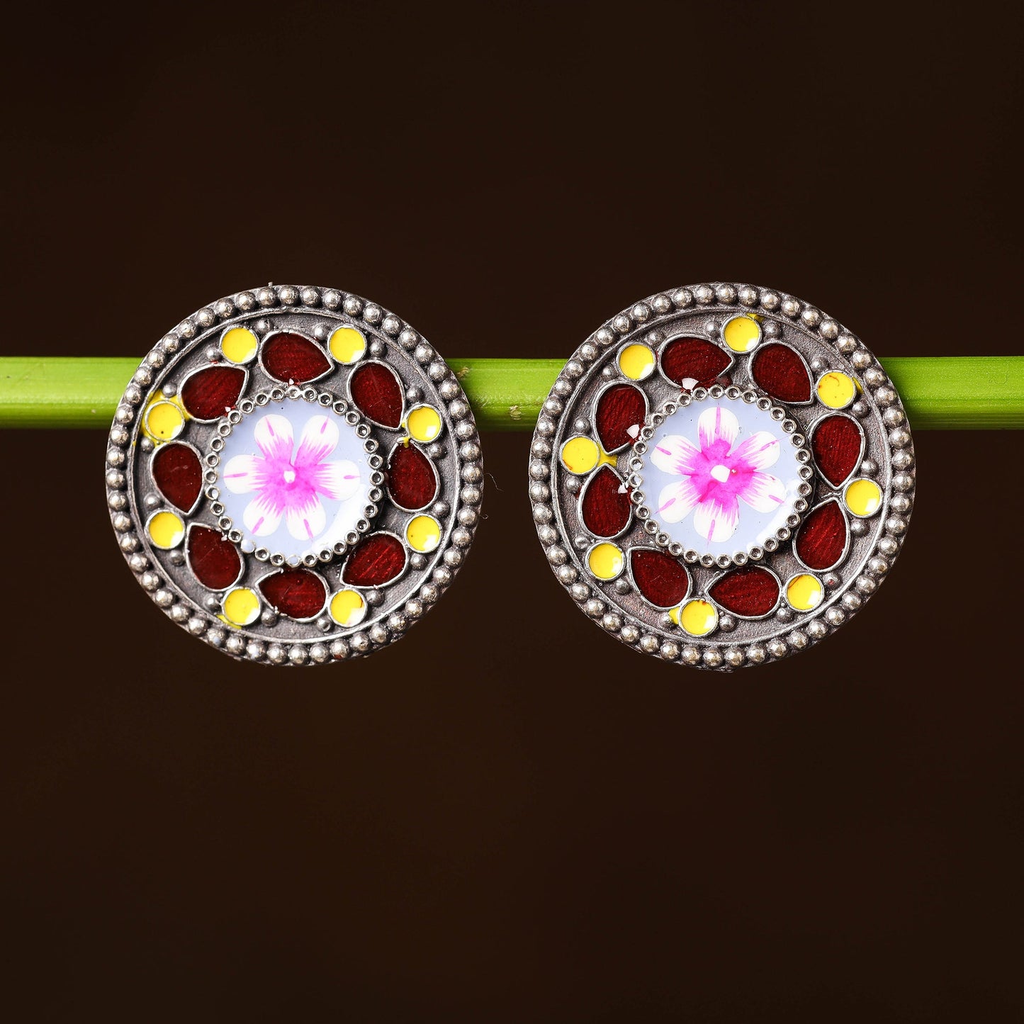 Antique Silver Finish Oxidised Brass Base Enamel Work Earrings Online l iTokri.com