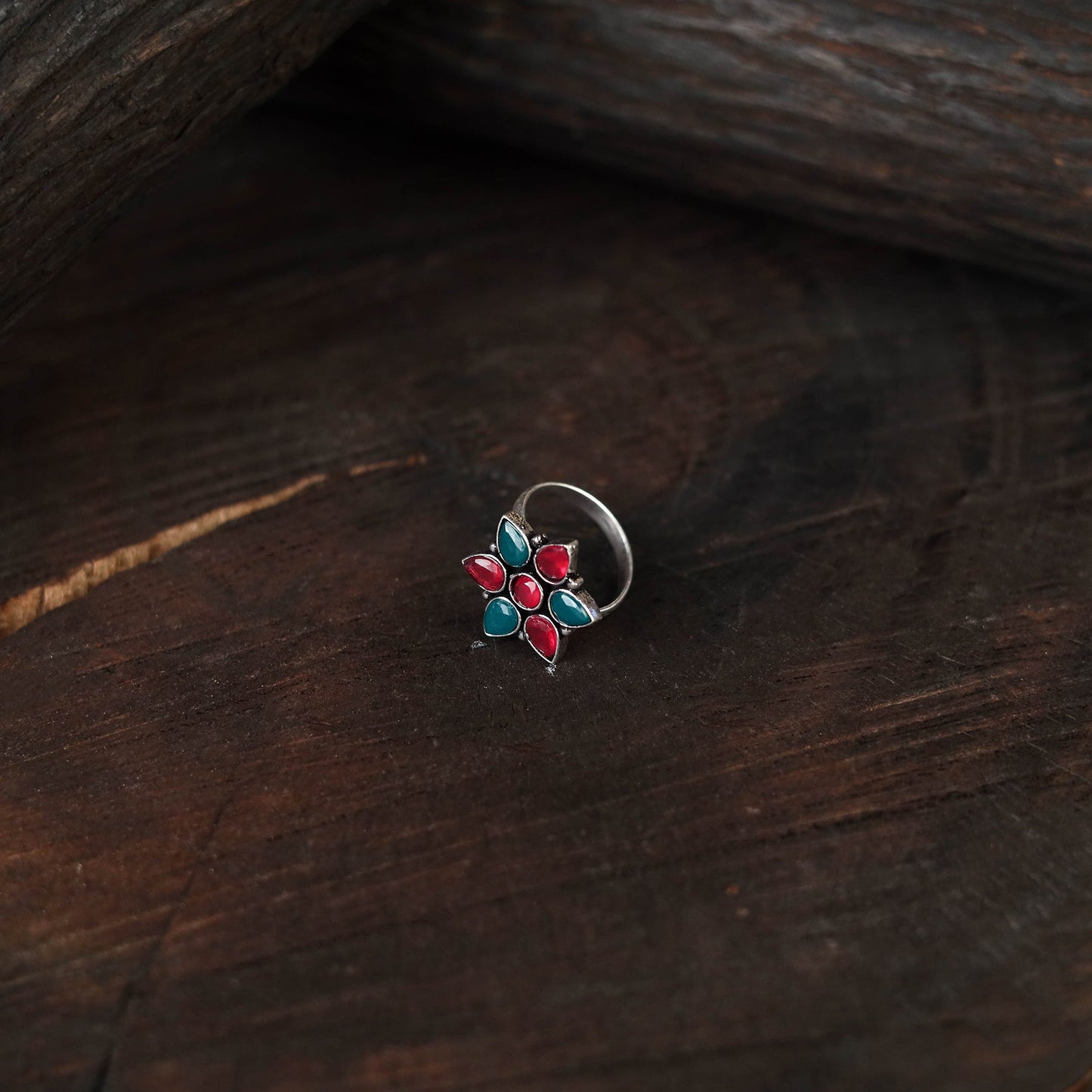 Multicolor - antique silver finish oxidised stone work ring