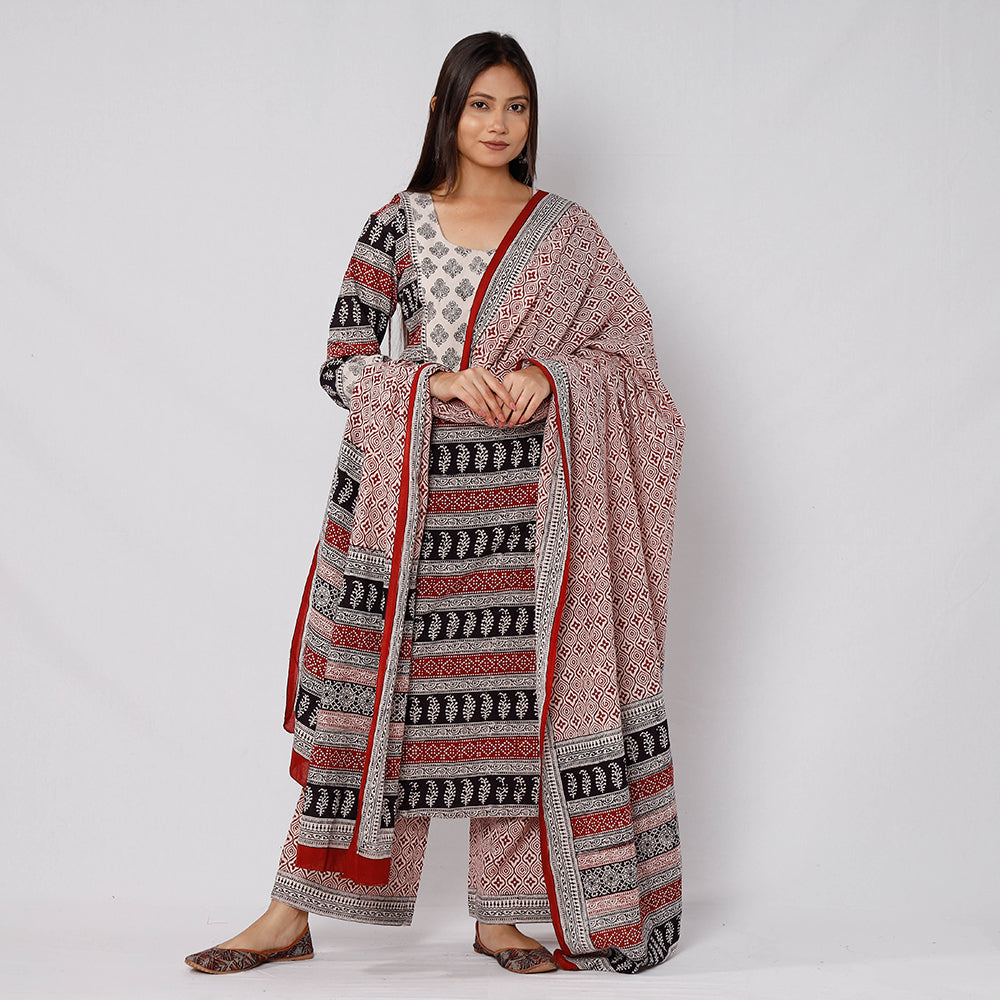 Bagh Block Printing Cotton Long Kurta with Palazzo & Dupatta Set 13