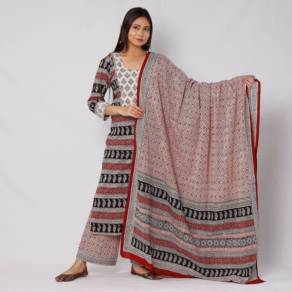 Bagh Block Printing Cotton Long Kurta with Palazzo & Dupatta Set 13