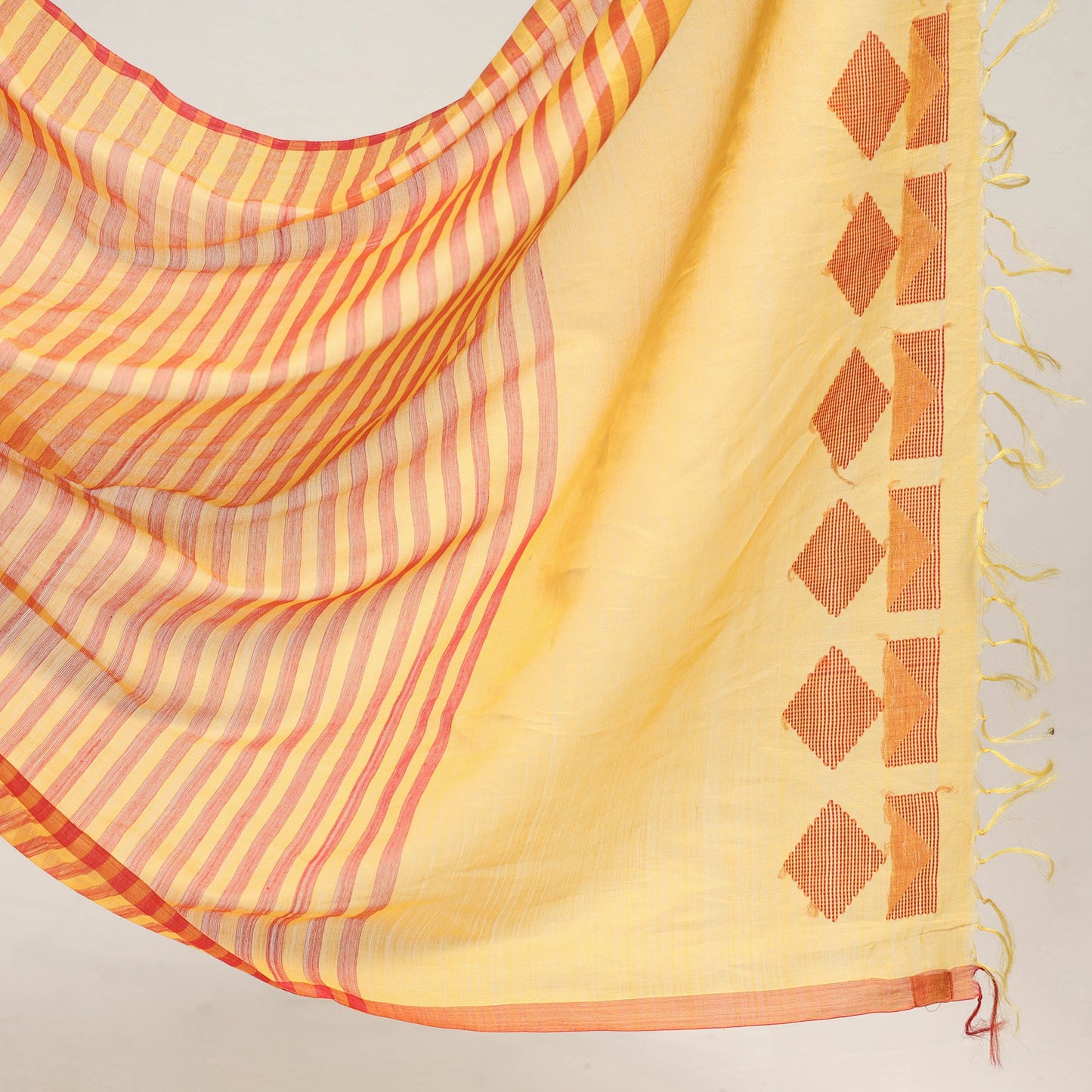 Yellow Base Silk Cotton Saree with Red Buti on Pallu & Red Stripes on Body Online l iTokri.com