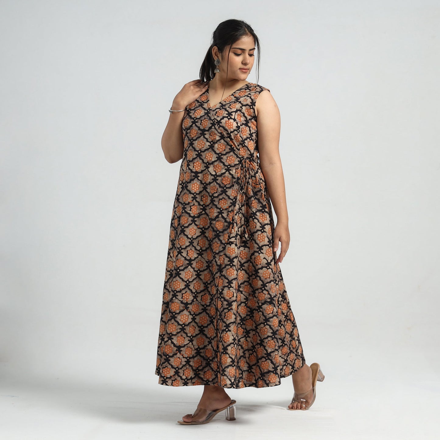 Buy Batik Printed Cotton Angrakha Sleeveless Flared Dress Online at iTokri.com