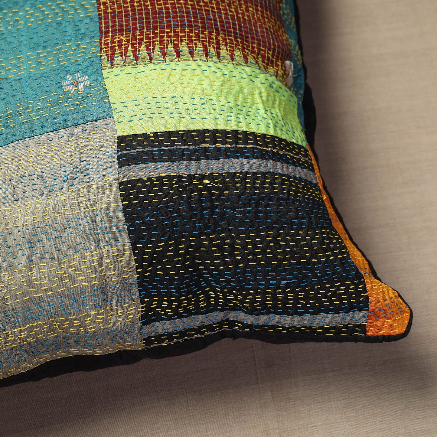Bengal Kantha Embroidery Reversible Silk Cushion Cover 02