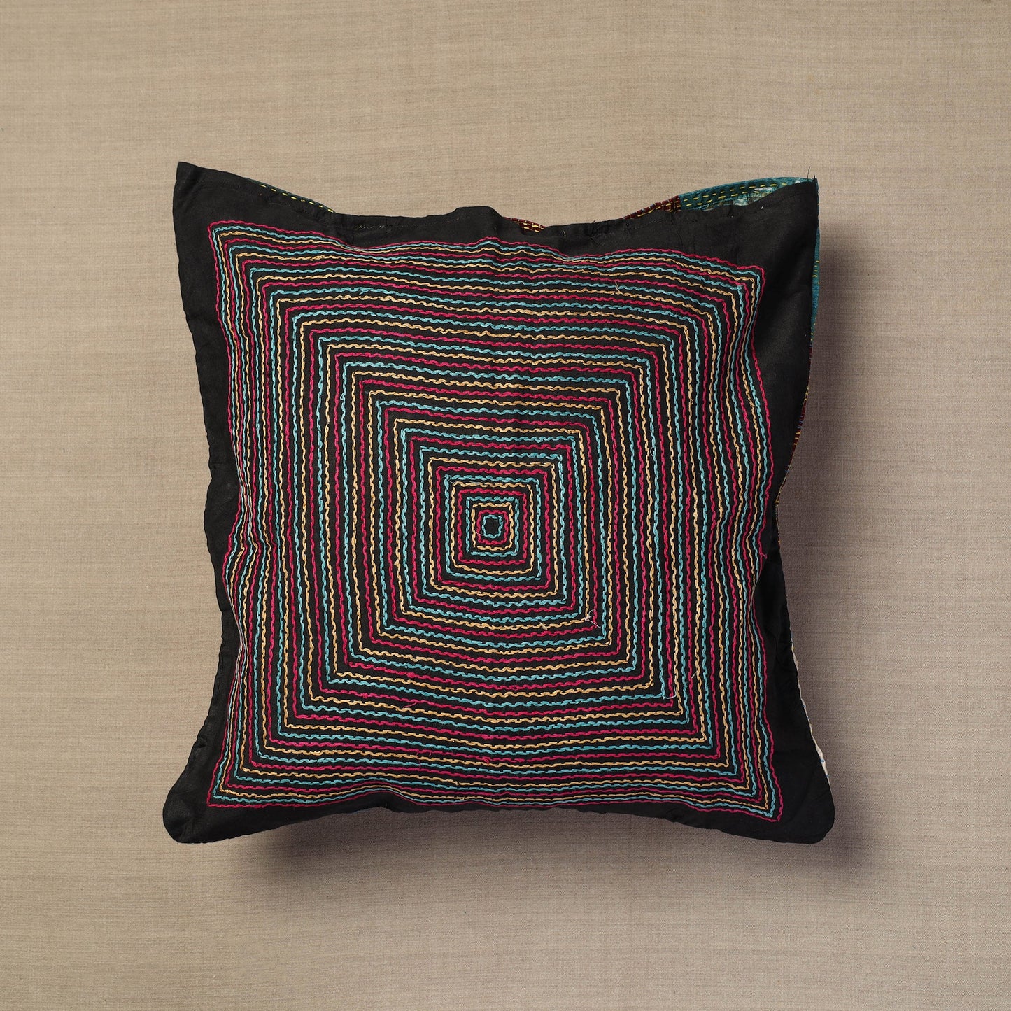 Bengal Kantha Embroidery Reversible Silk Cushion Cover 02