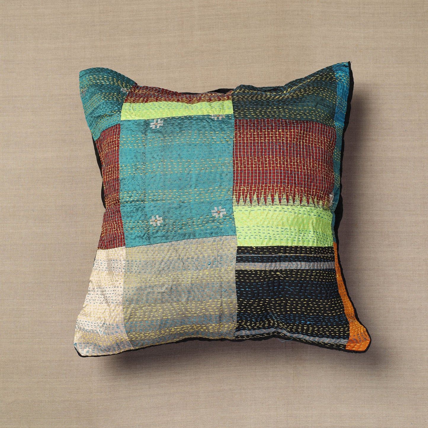 Bengal Kantha Embroidery Reversible Silk Cushion Cover 02