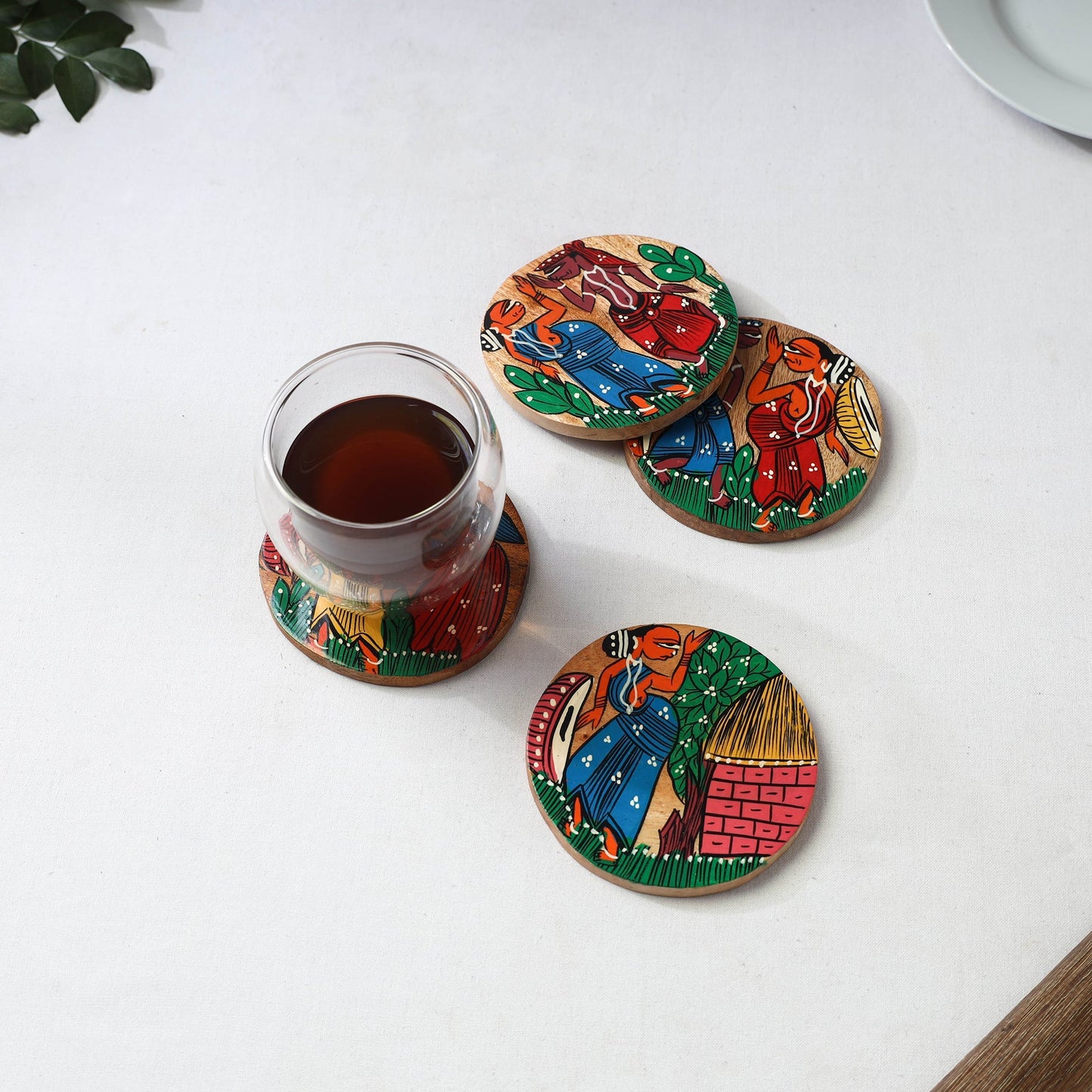 Bengal patua handpainted akashmoni wooden coasters (set
