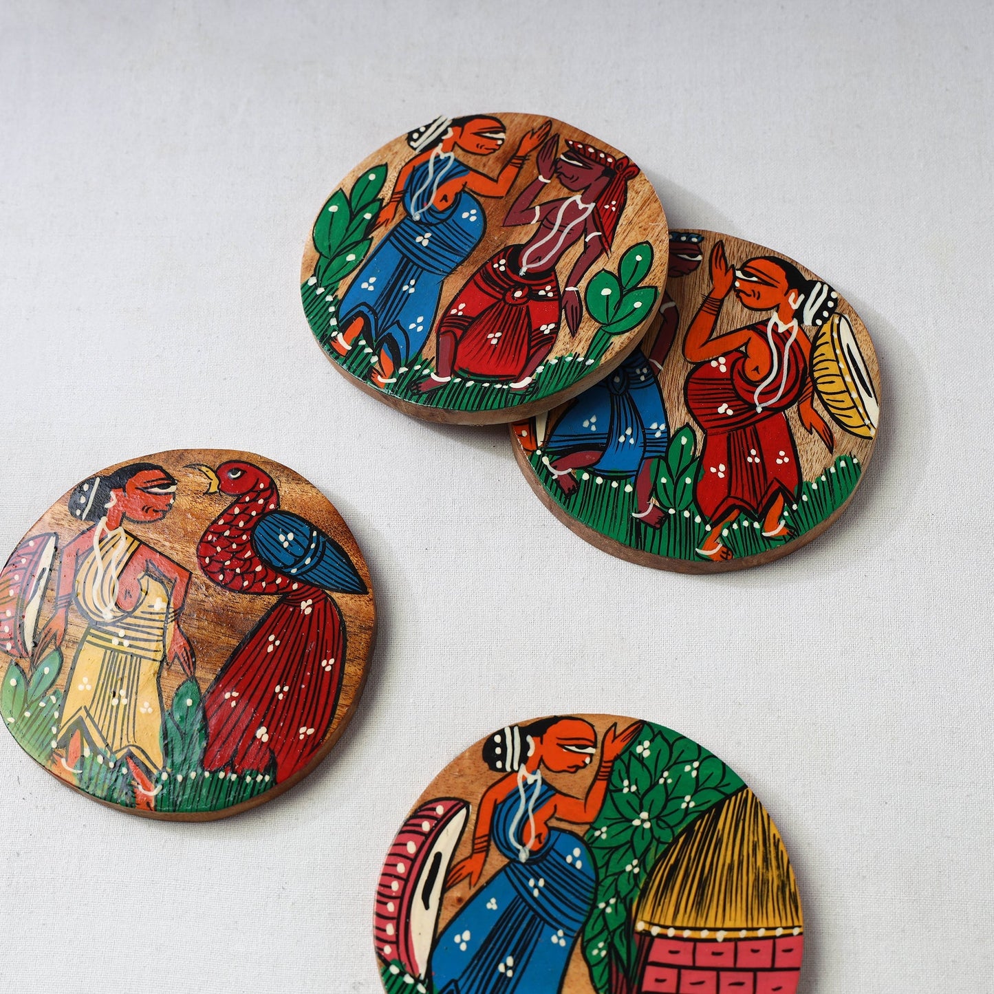 Bengal patua handpainted akashmoni wooden coasters (set