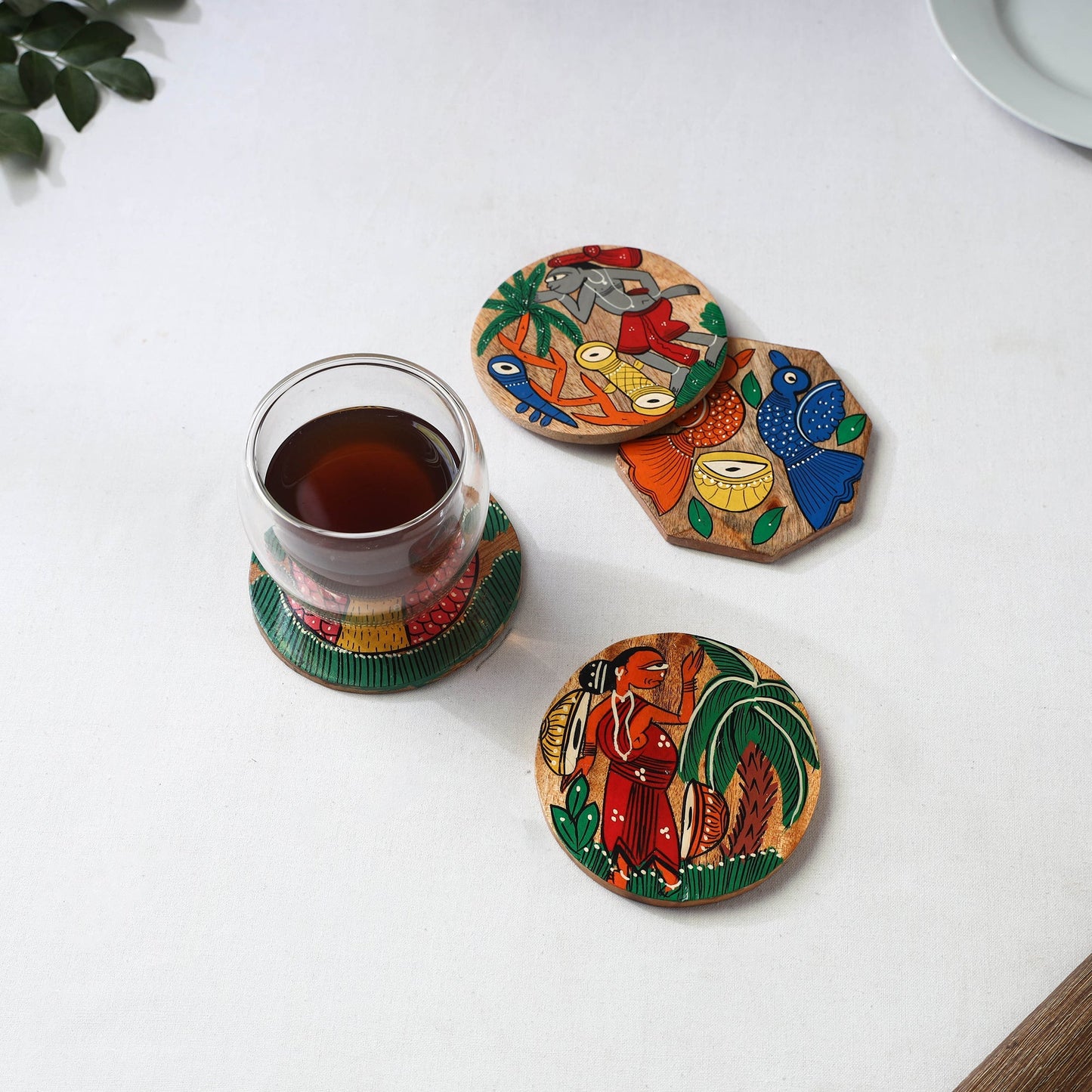 Bengal patua handpainted akashmoni wooden coasters (set