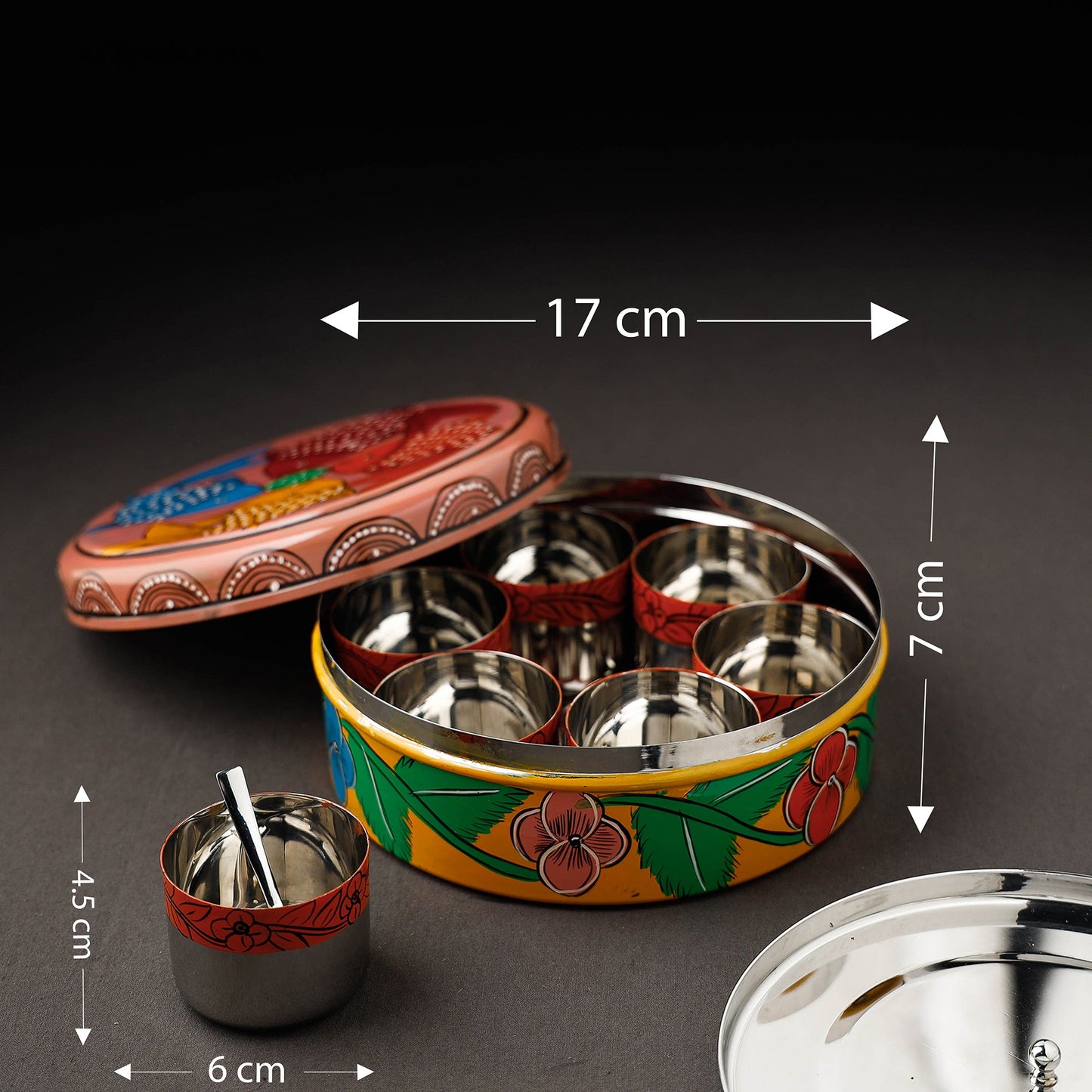 Bengal Patua Handpainted Stainless Steel Multicolor Masala Box