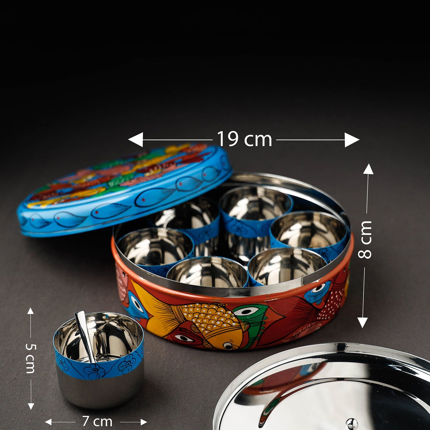 Bengal Patua Handpainted Stainless Steel Multicolor Masala Box